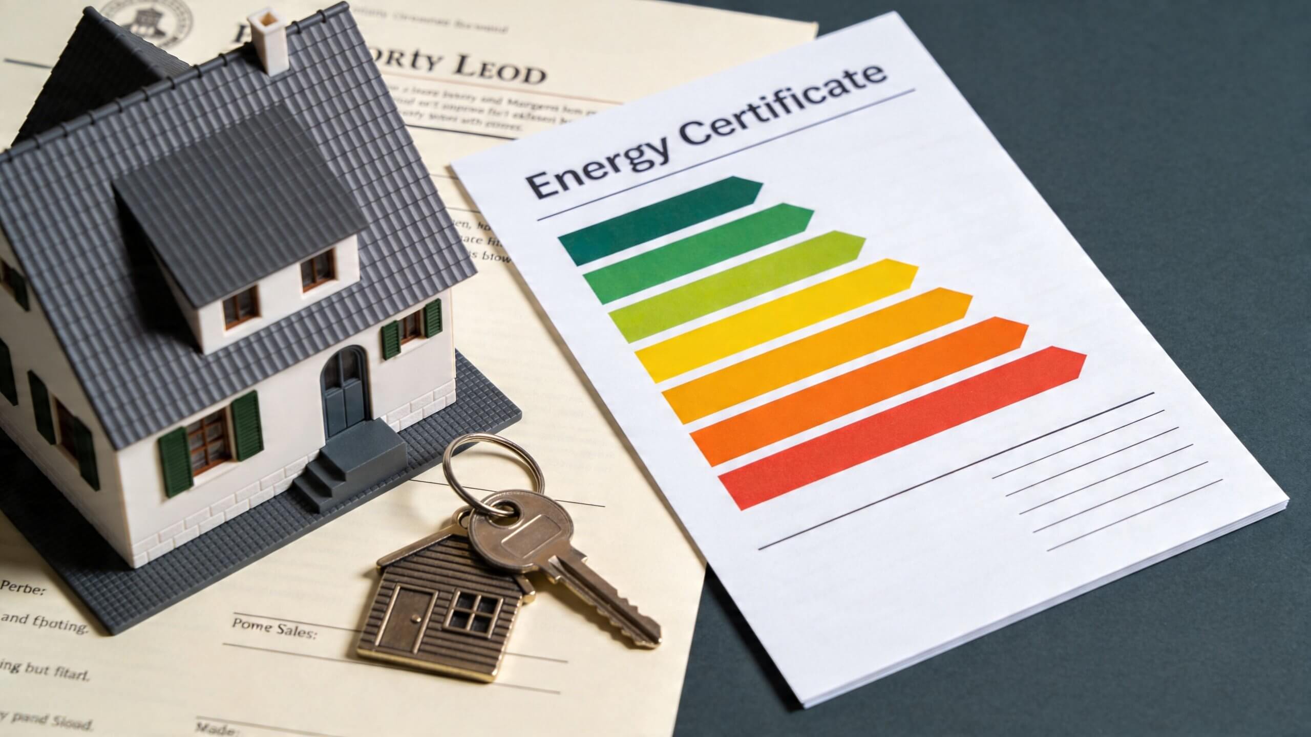 Certificados Energéticos | Valor catastral de mi vivienda: Cálculo y Consulta 2026 Una maqueta de casa junto a un certificado energético y unas llaves sobre documentos legales inmobiliarios.