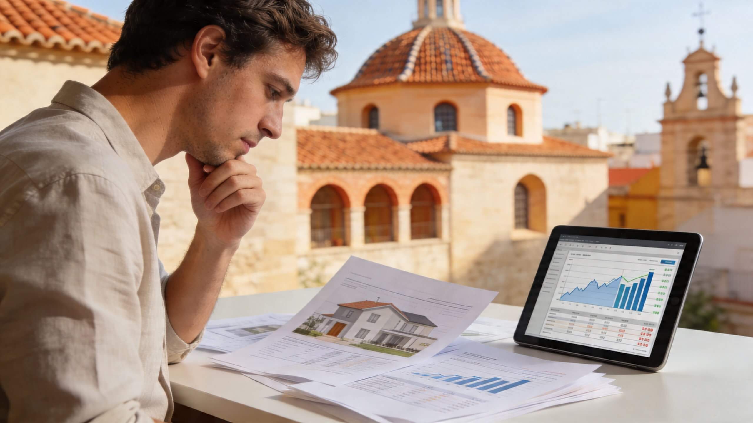 Certificados Energéticos | Valor catastral de mi vivienda: Cálculo y Consulta 2026 Hombre analizando informes inmobiliarios y gráficos de rendimiento financiero frente a una arquitectura histórica al aire libre.