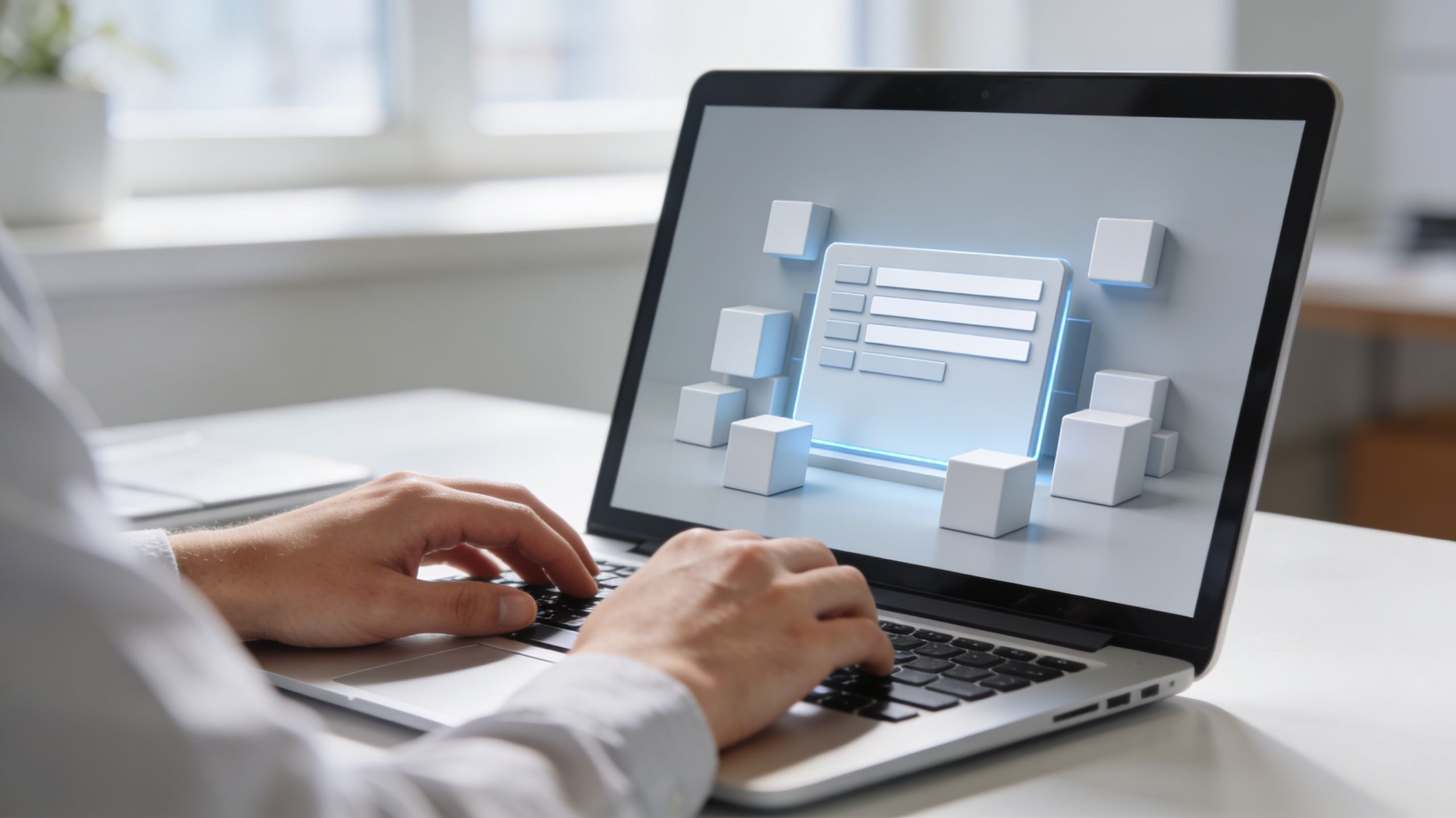 Certificados Energéticos | Registro CEE Castilla-La Mancha Una persona escribiendo en una computadora portátil mostrando una interfaz de formulario digital en la pantalla.