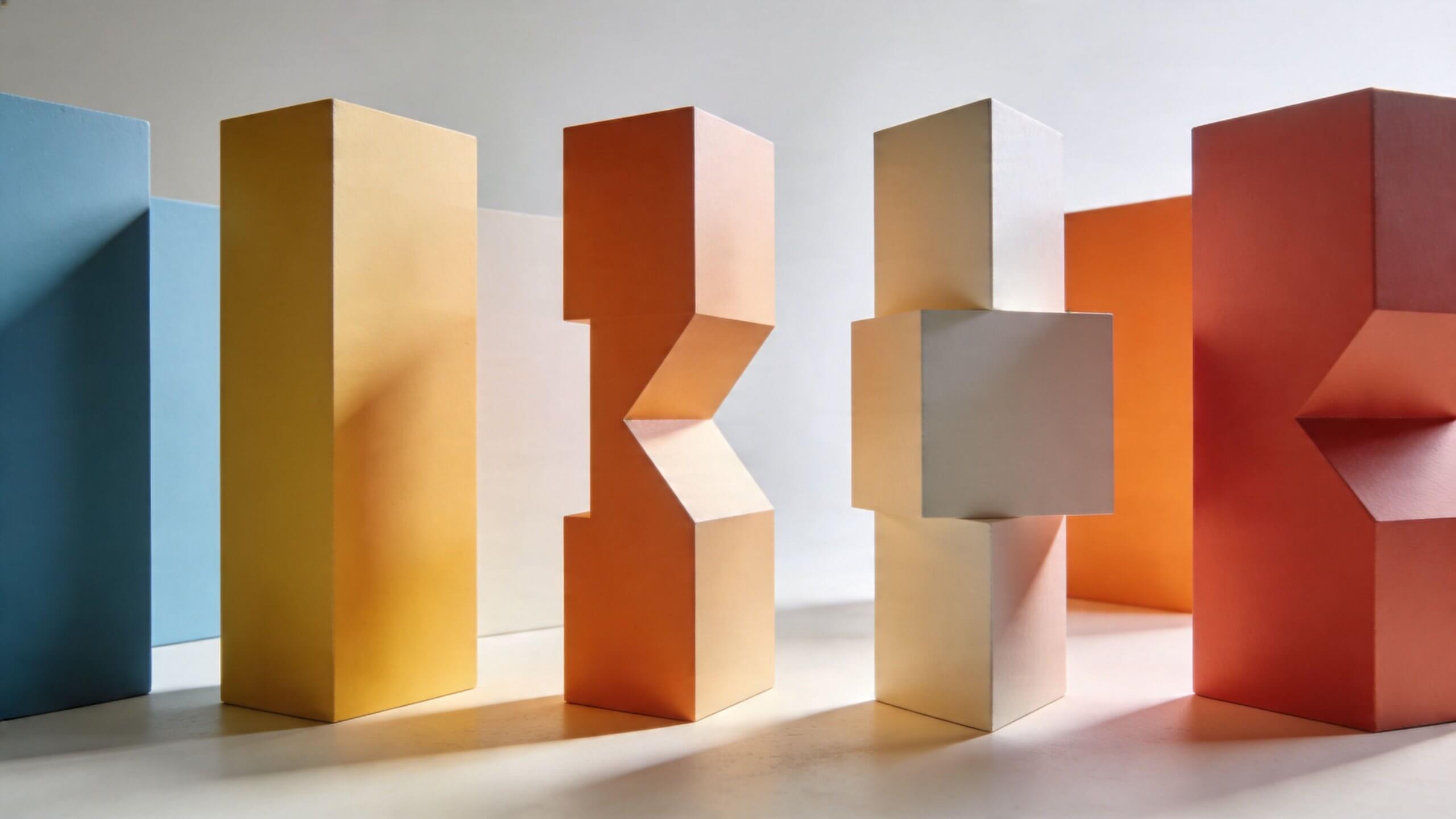 Certificados Energéticos | Obtén tu Cedula de Habitabilidad La Rioja 2026 Escultura abstracta compuesta por varios prismas geométricos de colores vibrantes dispuestos sobre una superficie blanca.