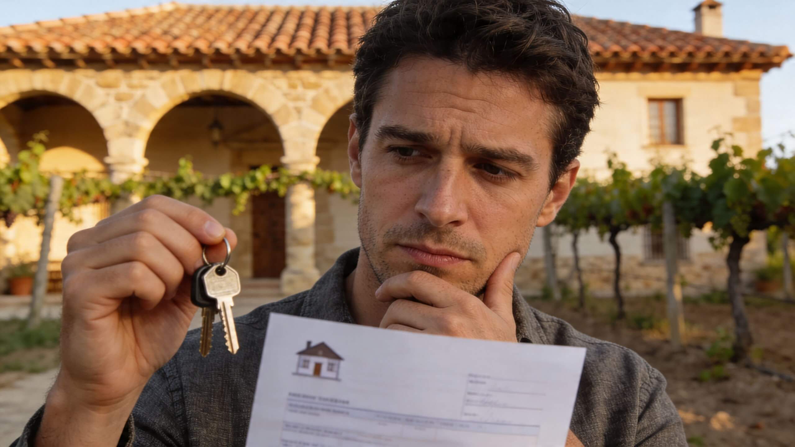 Certificados Energéticos | Obtén tu Cedula de Habitabilidad La Rioja 2026 Un hombre reflexivo sostiene unas llaves y un documento frente a una casa rural en La Rioja.