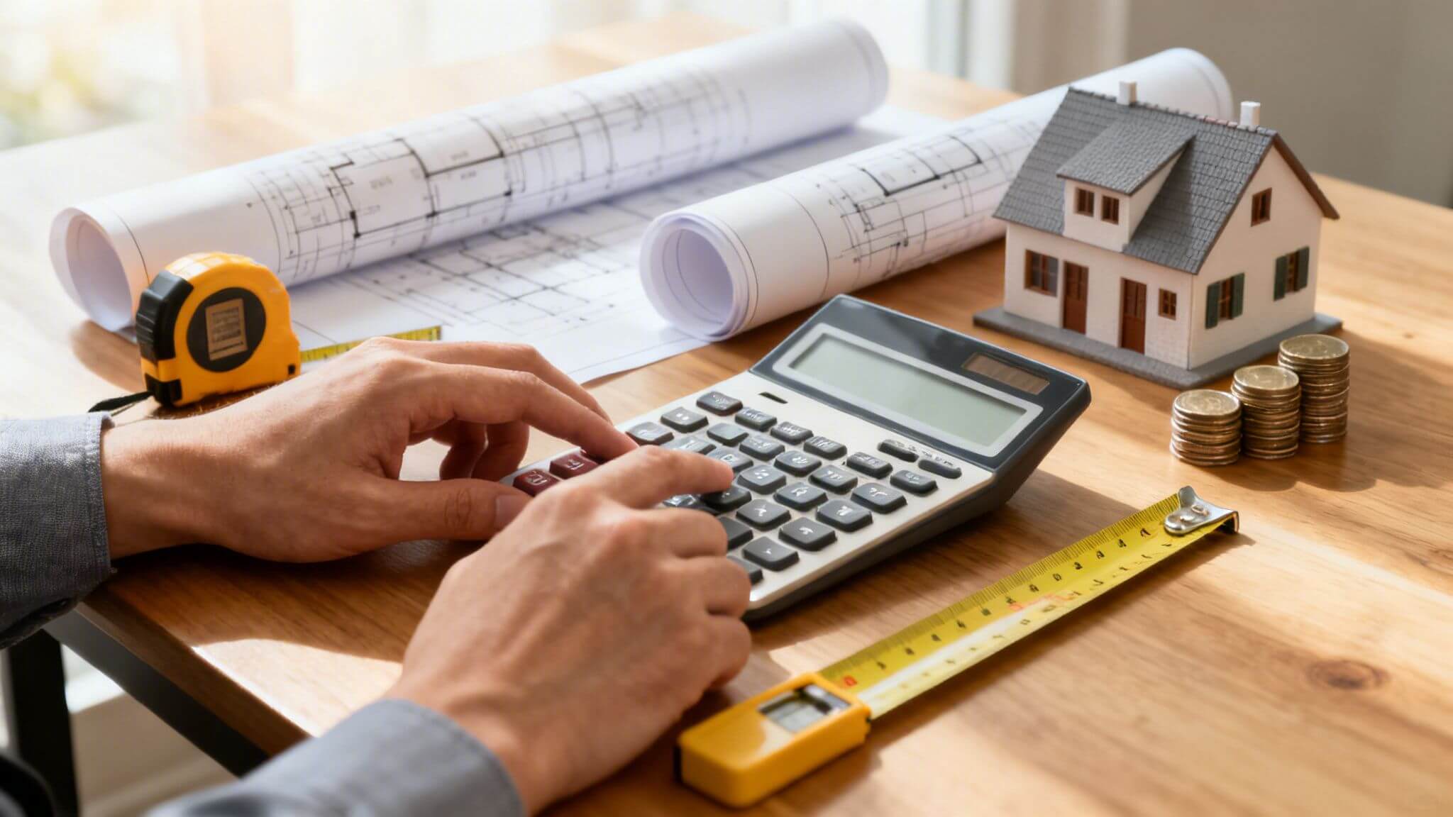 Certificados Energéticos | Precio del m² de construcción en Valencia en 2026 Manos usando calculadora junto a planos arquitectónicos, maqueta de casa y monedas, calculando costes.