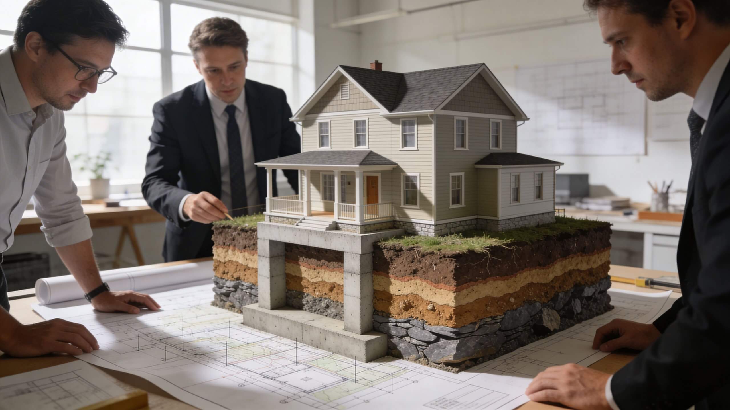 Certificados Energéticos | Precio Estudio Geotecnico: Consulta Tarifas y Ahorra Arquitectos y geotecnistas analizan el modelo a escala de una casa sobre sus diferentes capas de suelo
