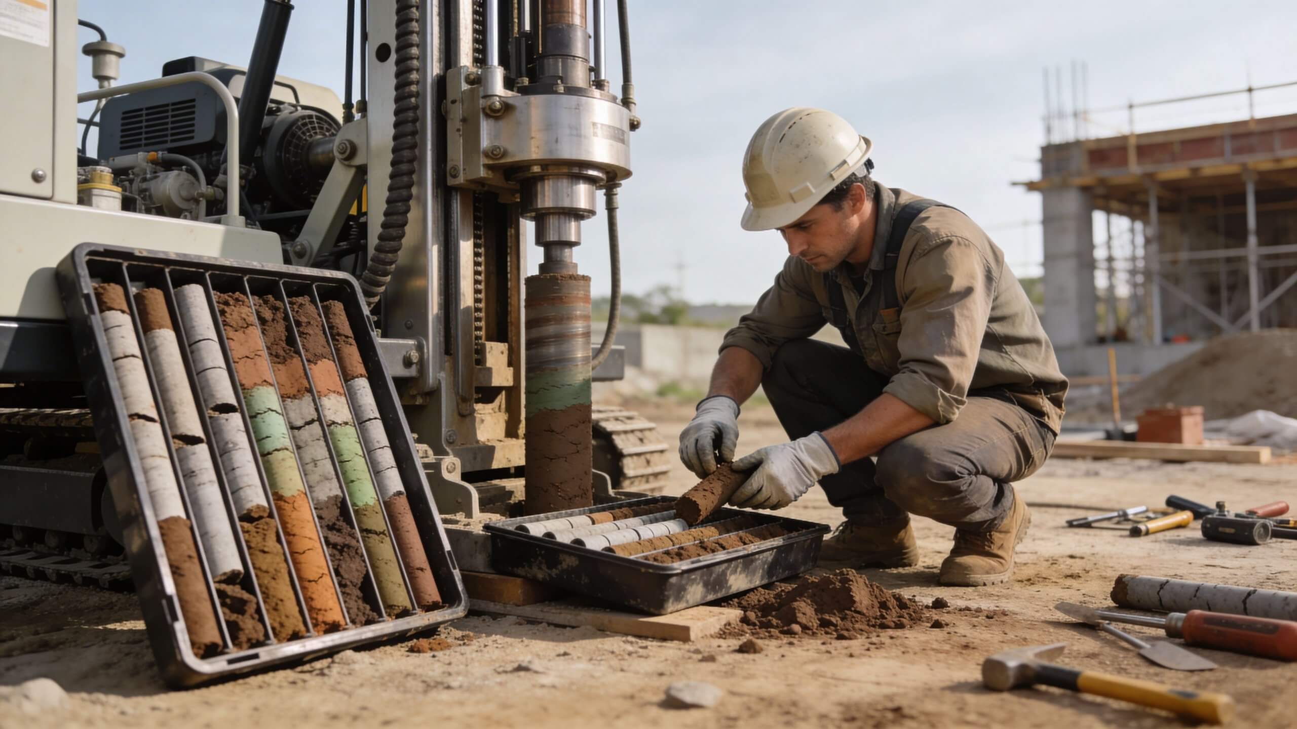 Certificados Energéticos | Precio Estudio Geotecnico: Consulta Tarifas y Ahorra Un ingeniero en una obra de construcción examinando muestras de suelo obtenidas de un estudio geotécnico.