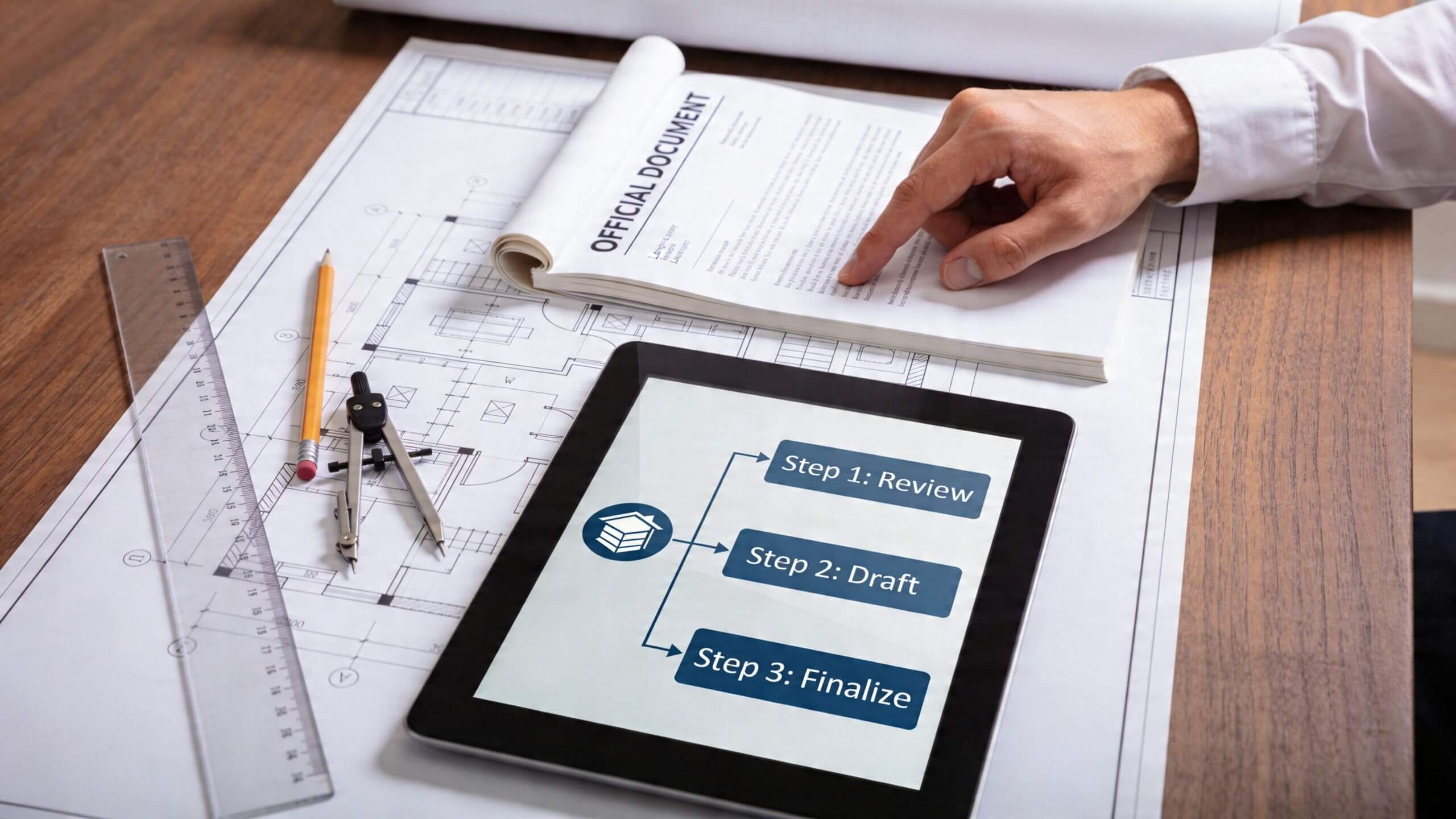 Certificados Energéticos | Obtén tu Cedula de Habitabilidad La Rioja 2026 Profesional revisando documentos oficiales y planos de construcción con una tableta mostrando pasos de trabajo