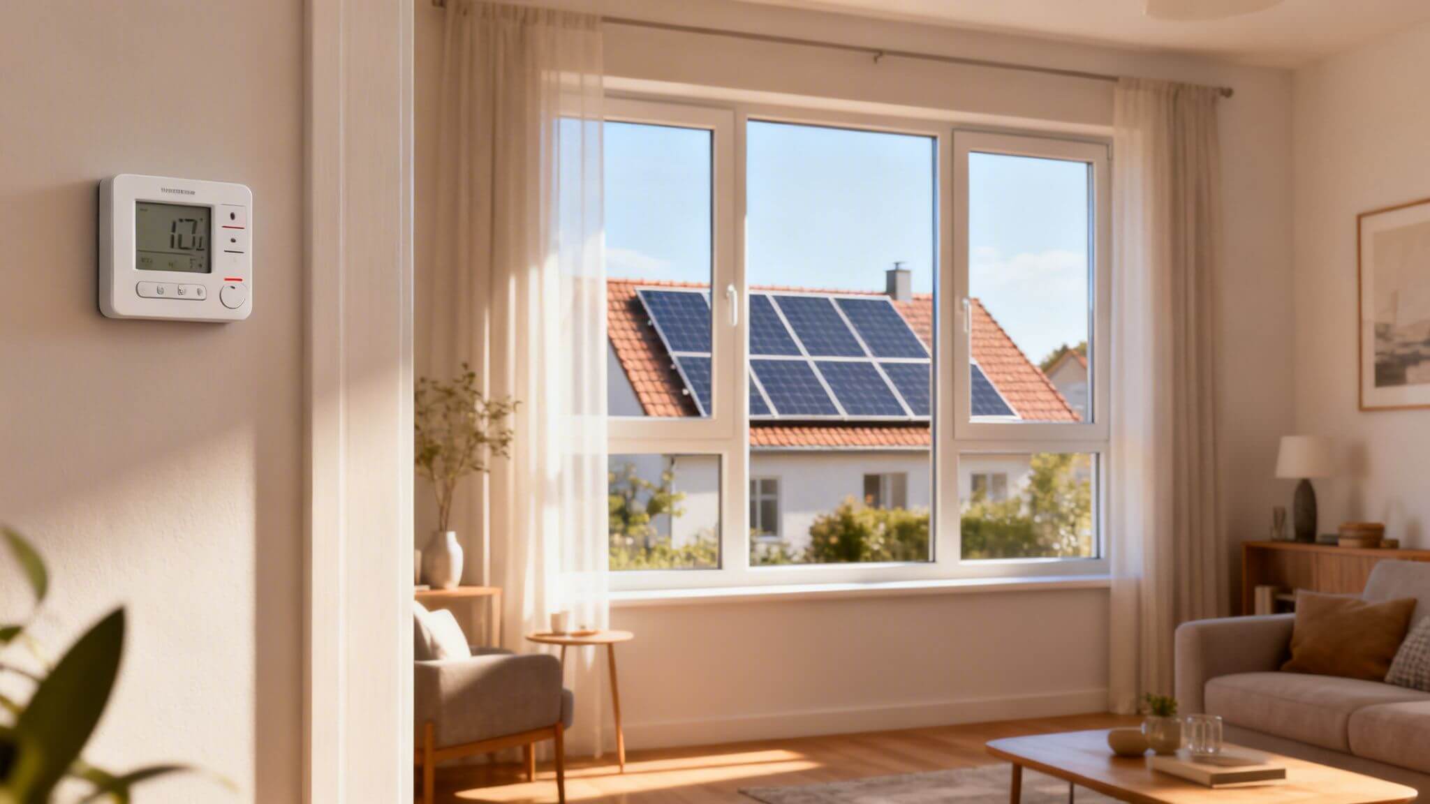 Certificados Energéticos | Precio Tasación Vivienda Tinsa 2026: Guía Experta en Valencia Termostato digital en la pared de una sala de estar, con vistas a una casa con paneles solares en el techo.