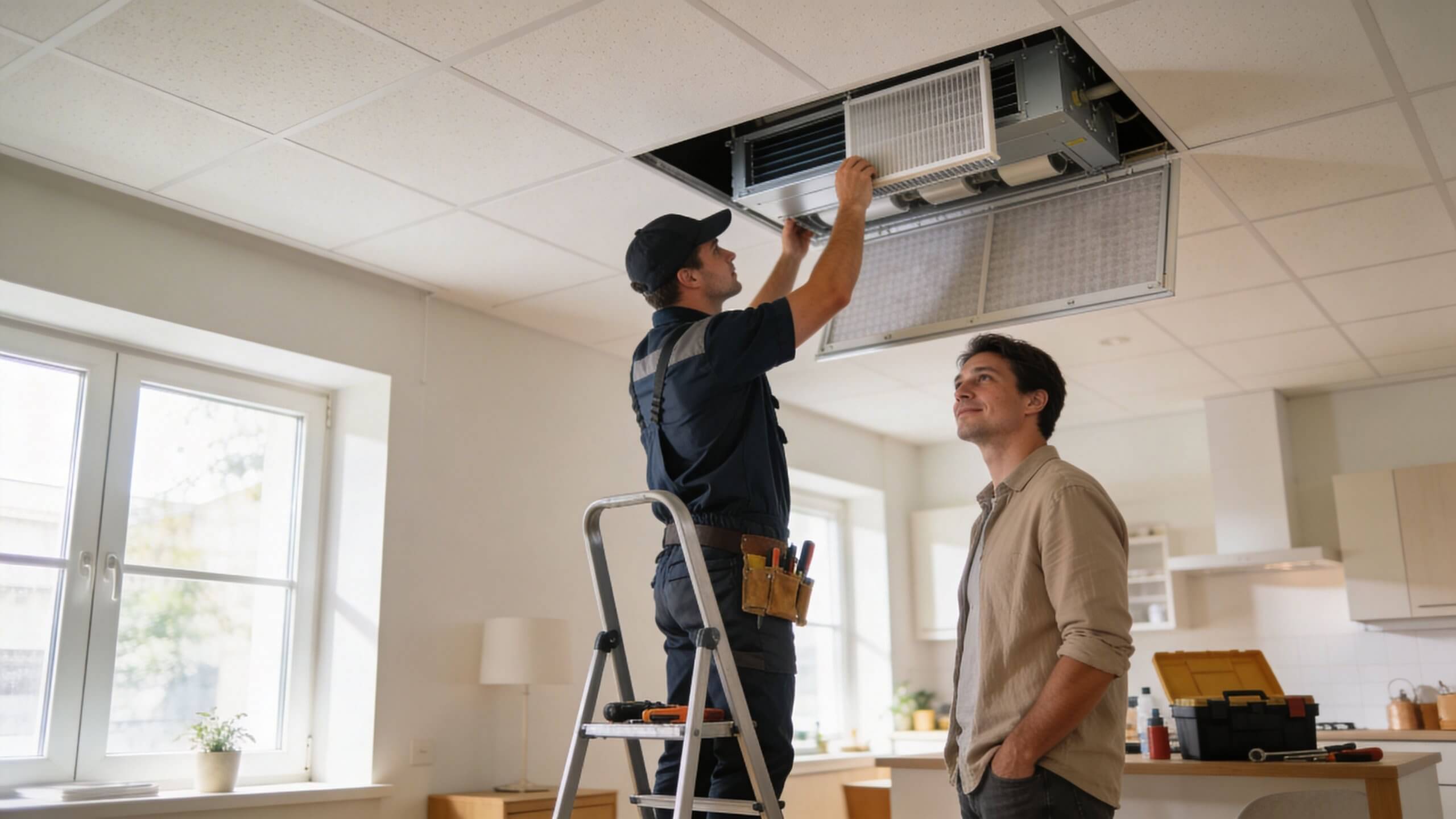 Certificados Energéticos | Recuperador de calor: Cómo funciona y dispara tu ahorro Técnico reparando un sistema de ventilación en el techo mientras el dueño de la casa observa atentamente.