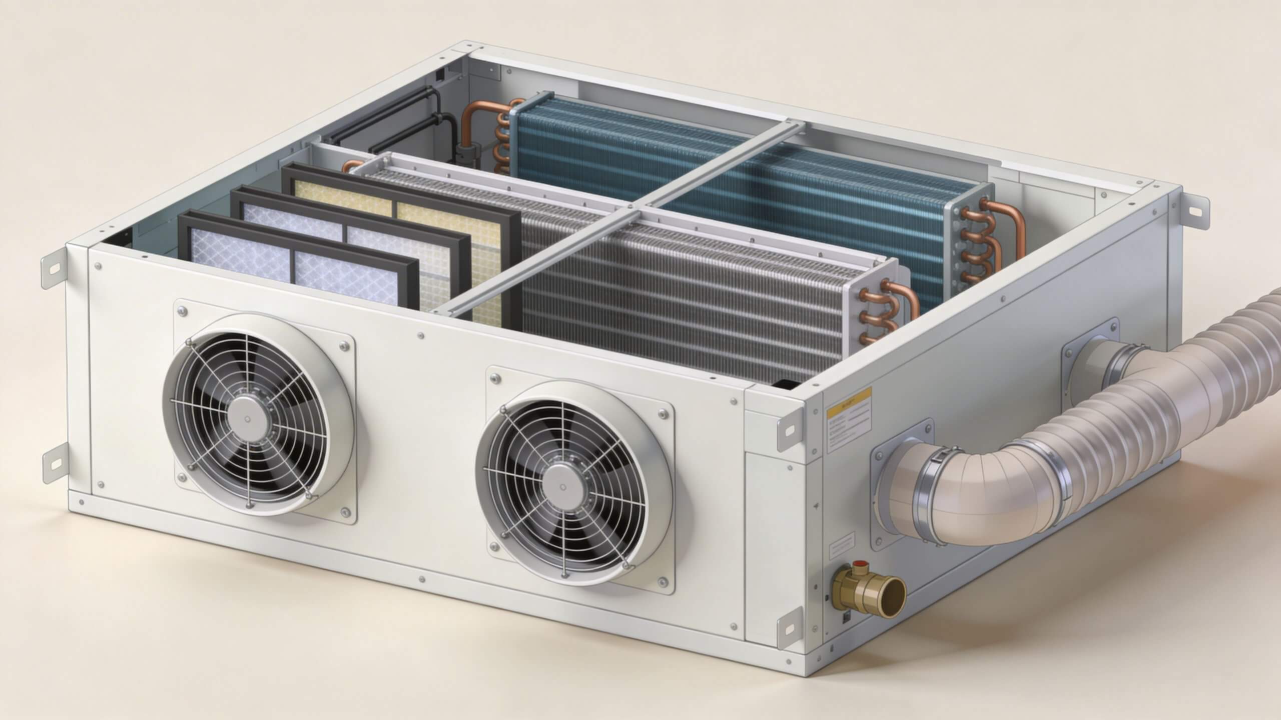 Certificados Energéticos | Recuperador de calor: Cómo funciona y dispara tu ahorro Vista isométrica de un sistema de ventilación con recuperación de calor, filtros y componentes internos expuestos.