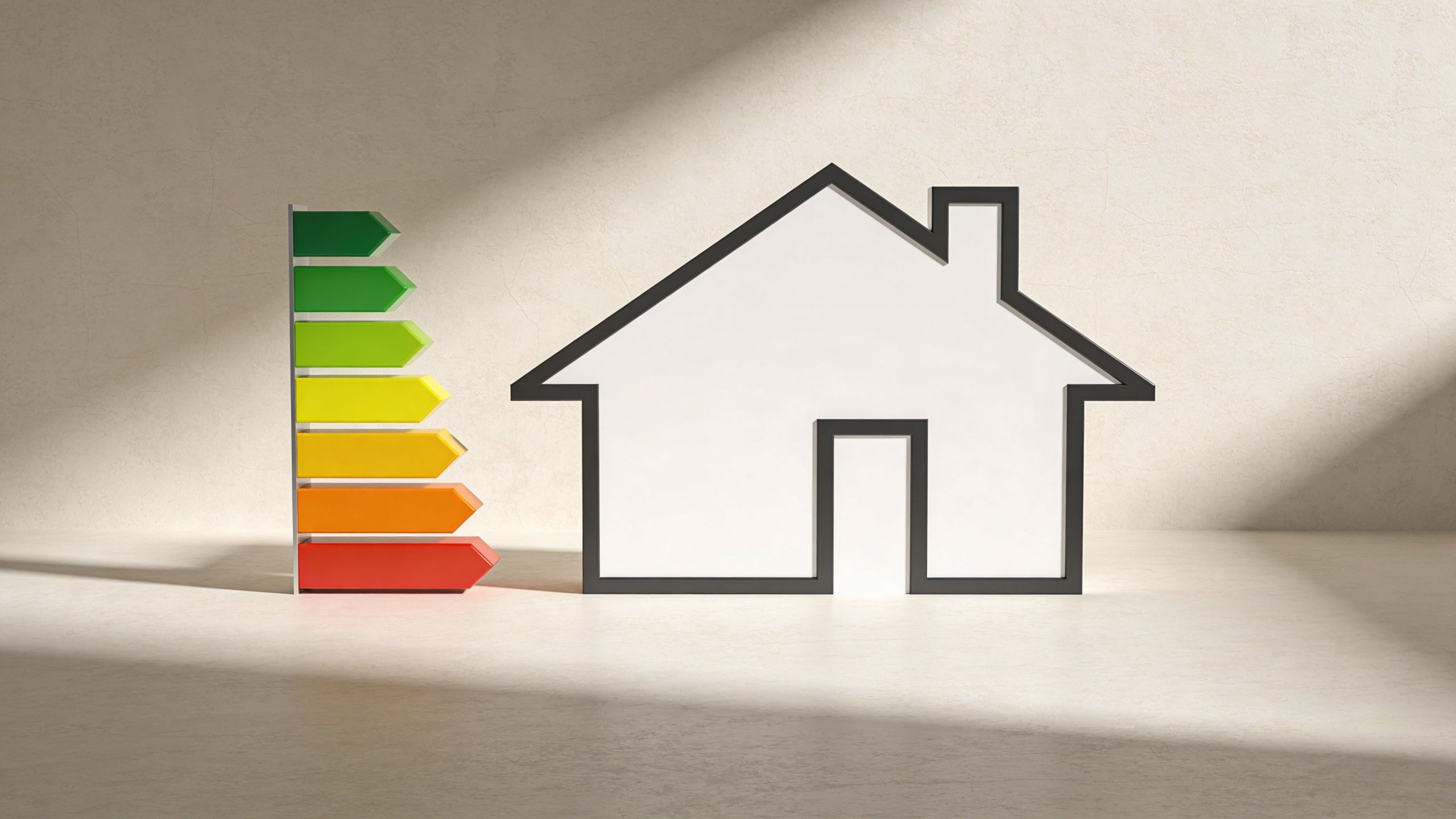 Certificados Energéticos | Cuanto cuesta tasar una vivienda: Precios y más Icono de una casa blanca al lado de una escala de eficiencia energética con colores degradados.