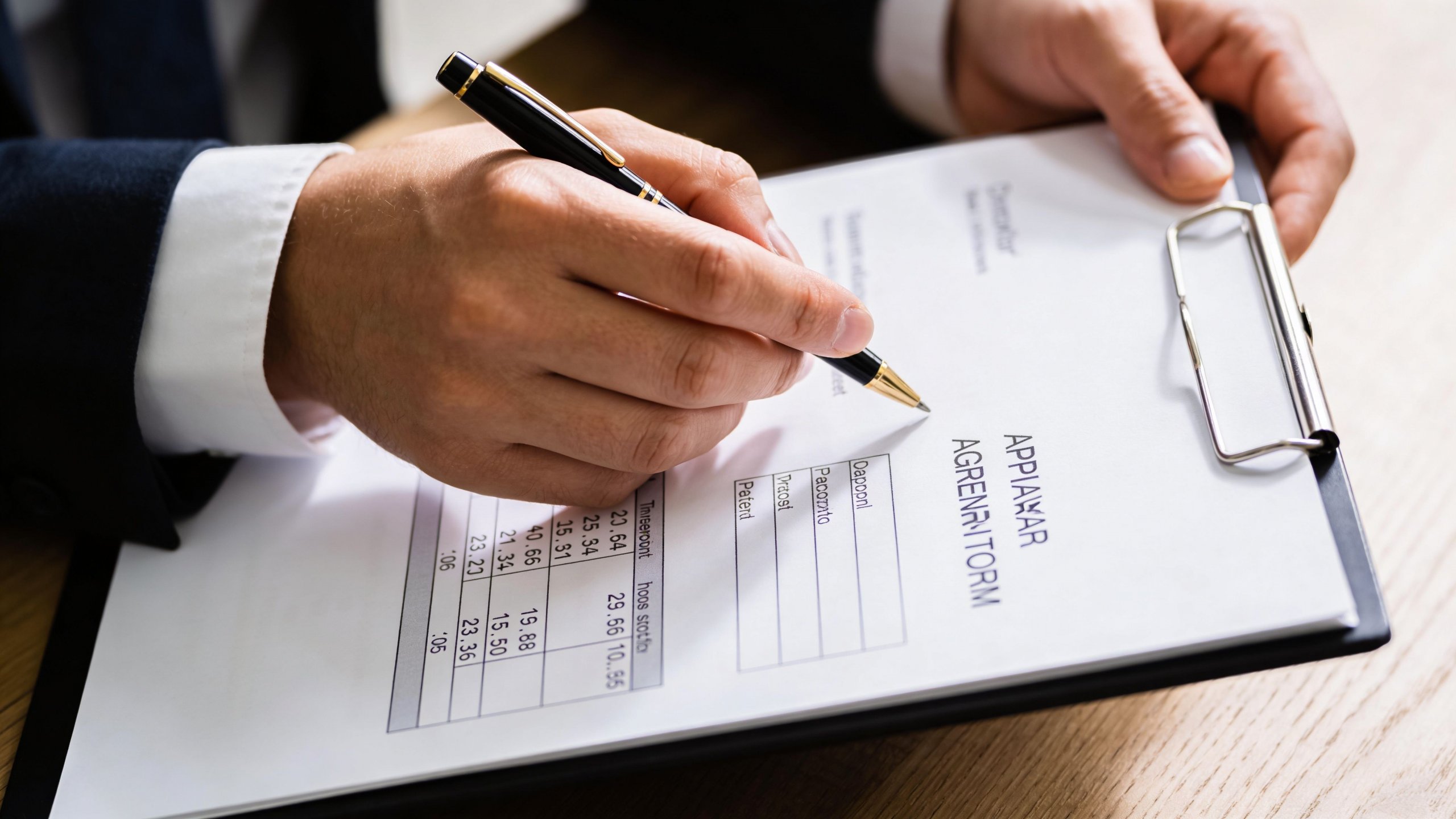 Certificados Energéticos | Cuanto cuesta tasar una vivienda: Precios y más Una persona con traje formal sostiene un portapapeles y utiliza un bolígrafo para revisar documentos de valoración inmobiliaria.