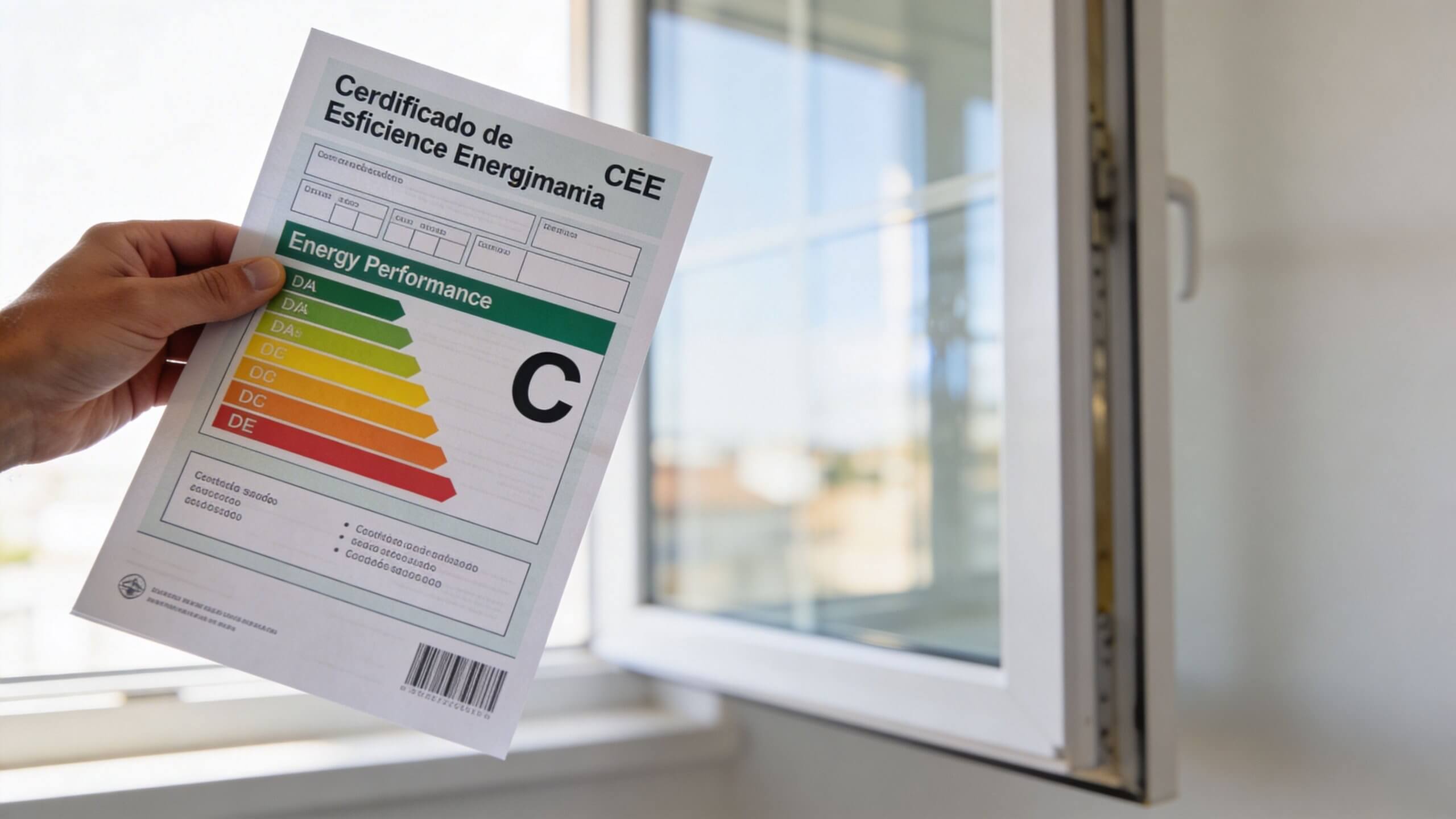 Certificados Energéticos | Descubre cuanto cuesta cambiar las ventanas en Valencia 2026 Una mano sosteniendo un certificado de eficiencia energética junto a una ventana abierta en una habitación luminosa.