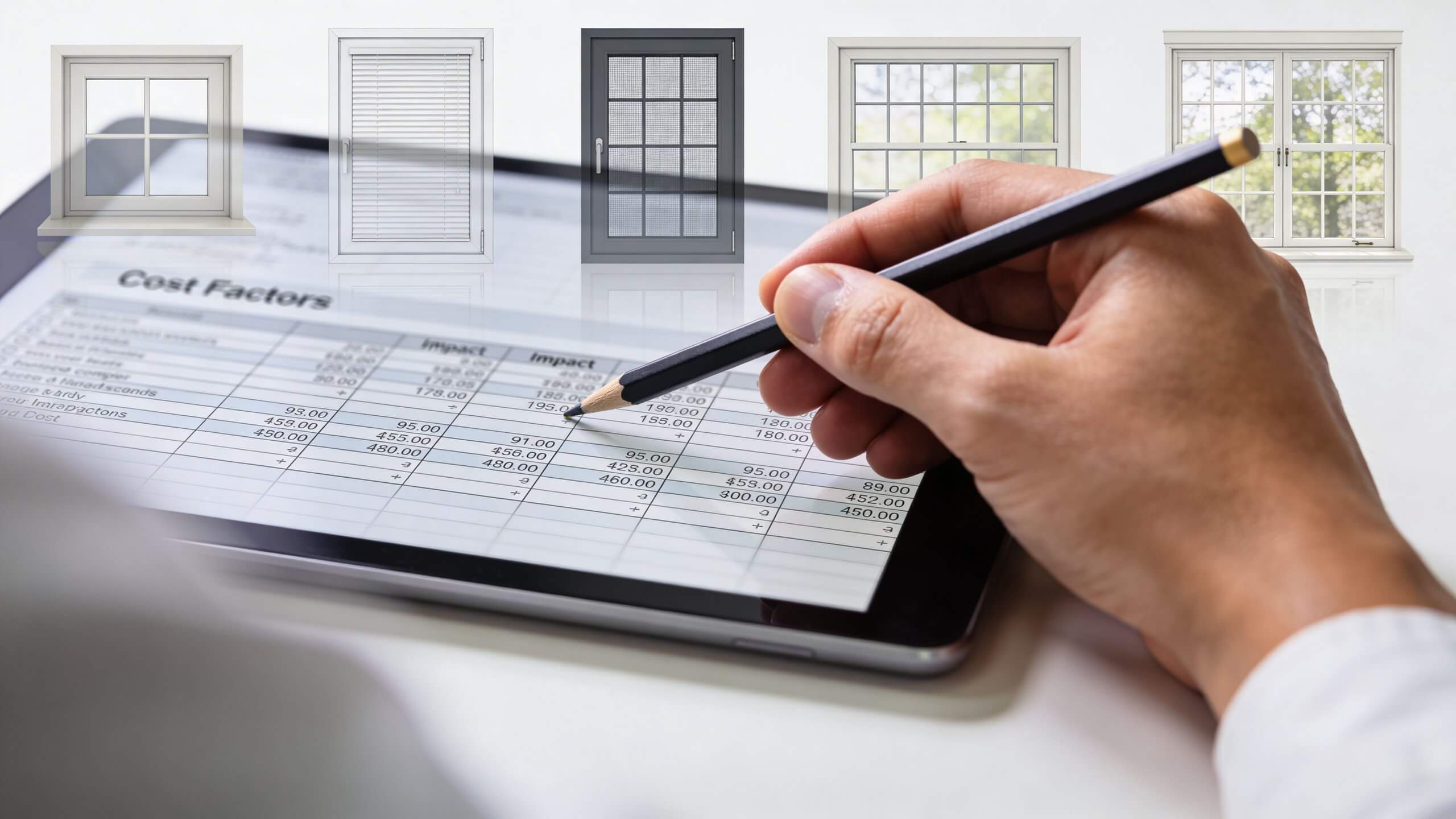 Certificados Energéticos | Descubre cuanto cuesta cambiar las ventanas en Valencia 2026 Persona revisando una tabla de costos para el reemplazo de ventanas en una tablet digital con un lápiz