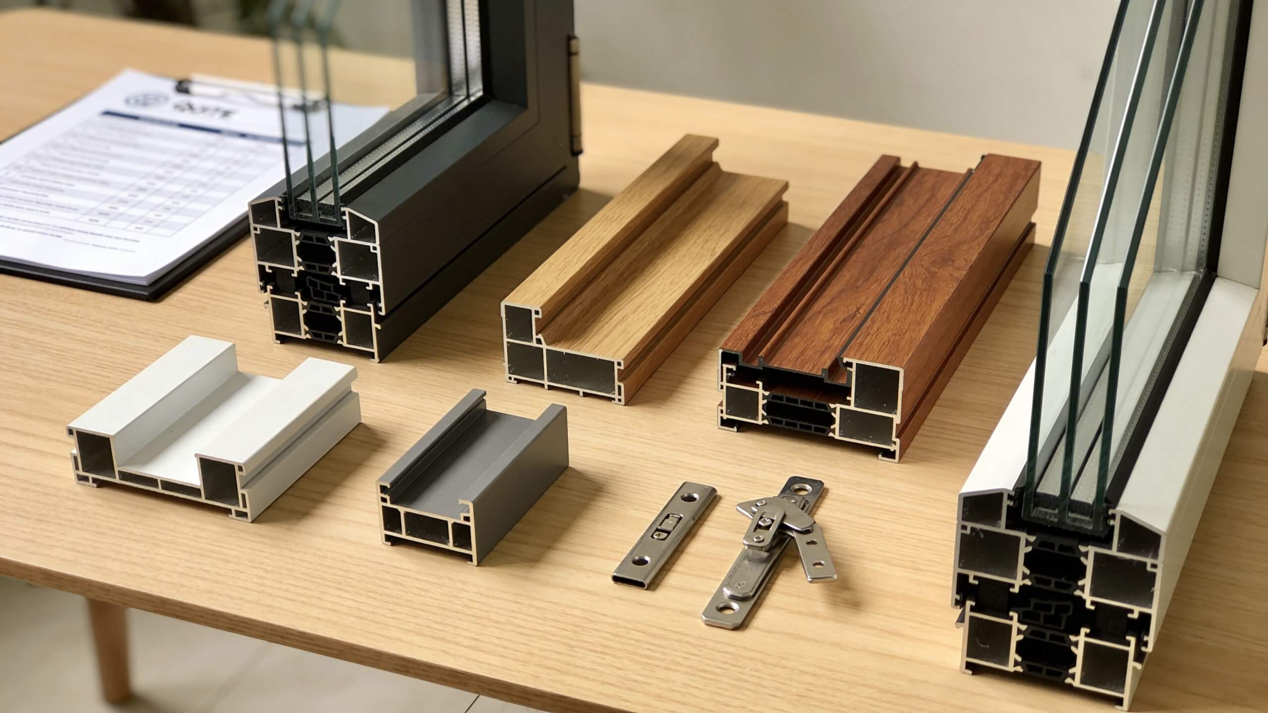 Certificados Energéticos | Descubre cuanto cuesta cambiar las ventanas en Valencia 2026 Muestra de perfiles de ventanas de aluminio y PVC sobre una mesa de madera de oficina