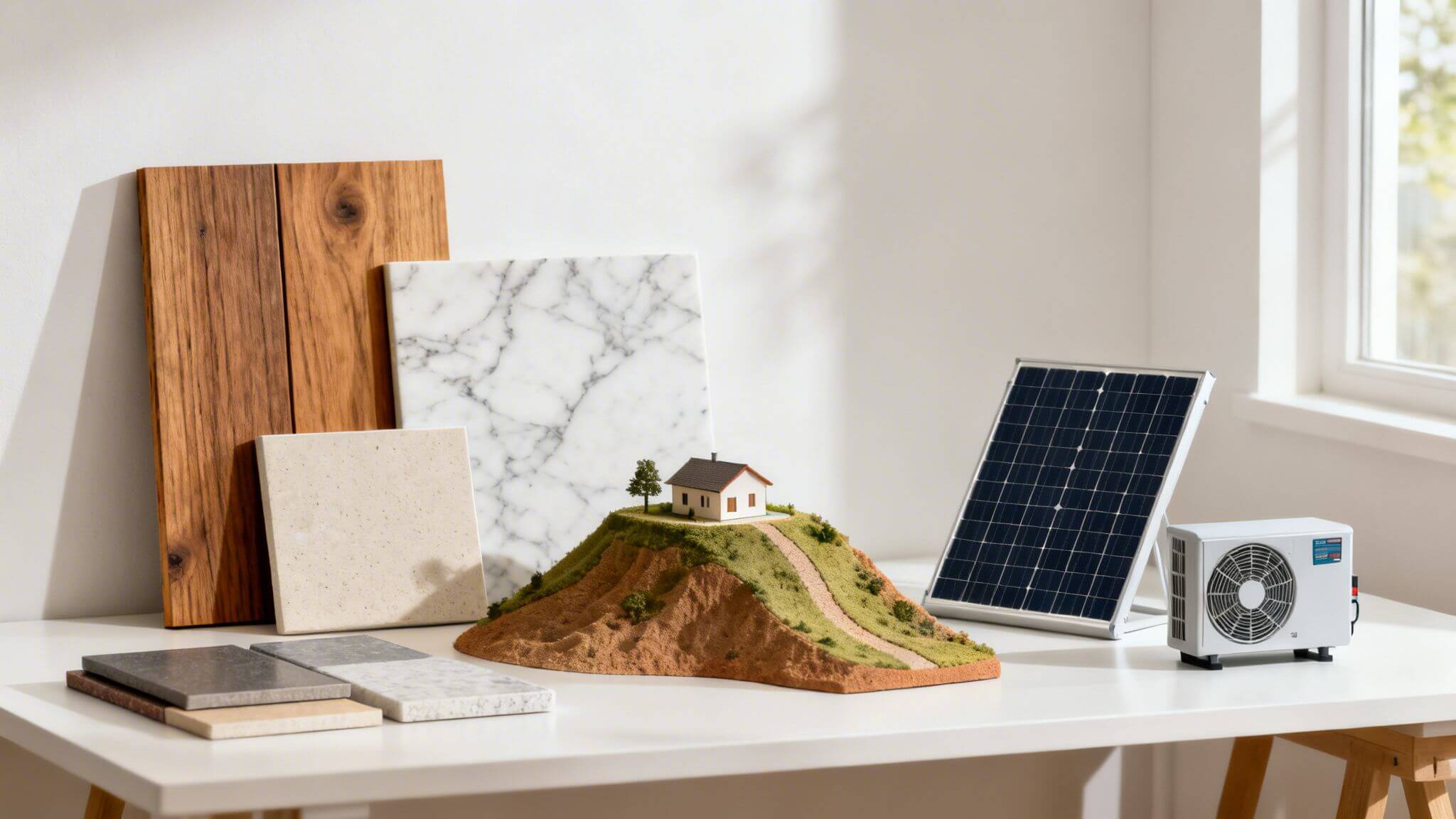 Certificados Energéticos | Precio del m² de construcción en Valencia en 2026 Materiales de construcción como madera, mármol, azulejos, con una casa modelo, panel solar y aire acondicionado.