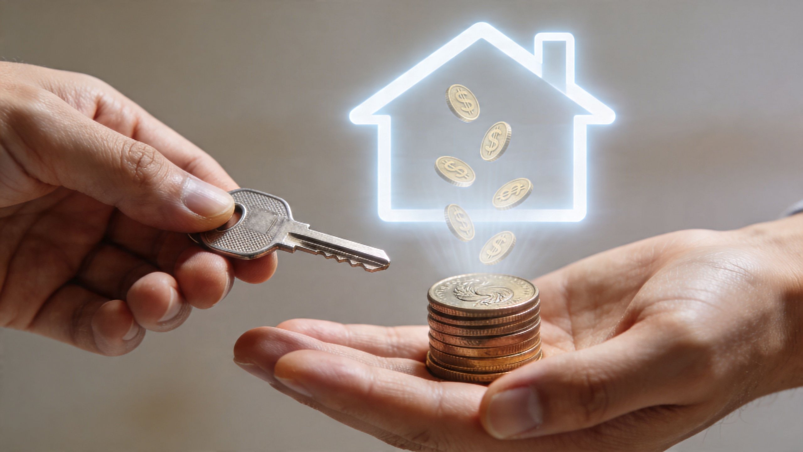 Certificados Energéticos | Alquiler con opción a compra sin entrada en Valencia 2026 Una mano ofrece una llave mientras la otra sostiene monedas, simbolizando la inversión inmobiliaria y el hogar propio.