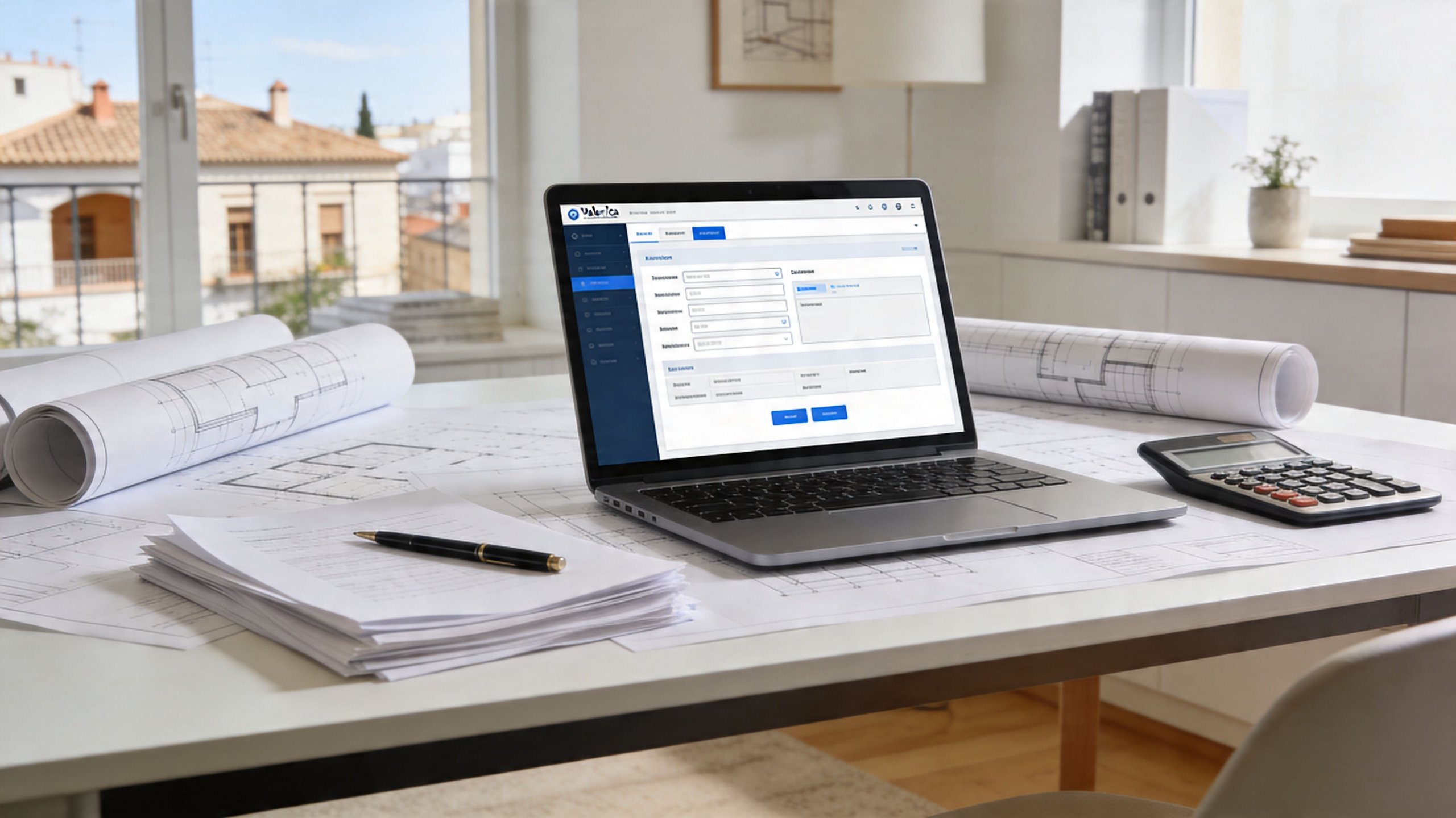 Certificados Energéticos | Tu Declaración Responsable de obras en Valencia: Guía 2026 Ordenador portátil con software de gestión de obras sobre planos de construcción en una oficina luminosa.