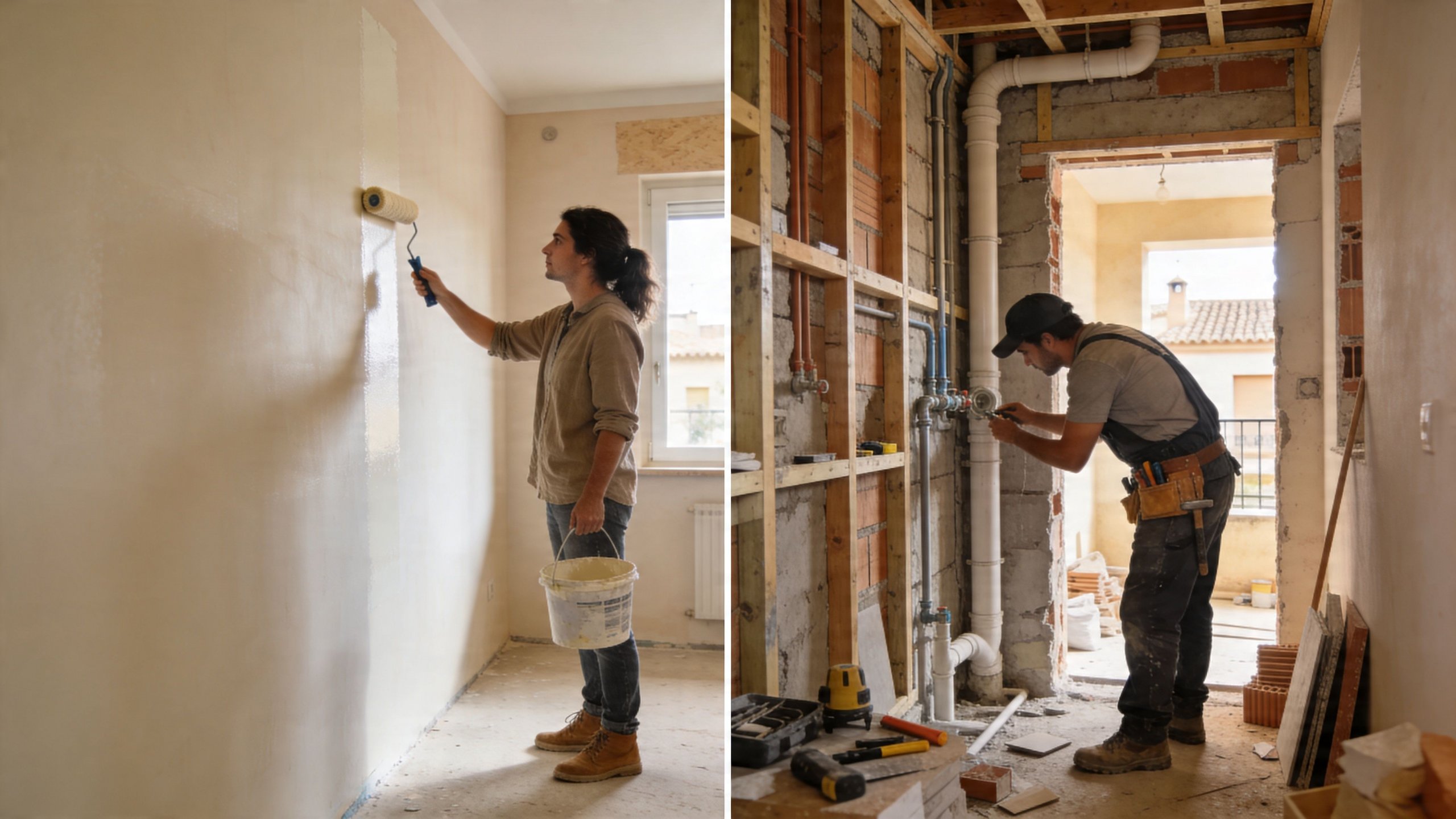 Certificados Energéticos | Tu Declaración Responsable de obras en Valencia: Guía 2026 Un hombre pintando una pared y otro trabajador realizando reparaciones de fontanería en una vivienda en obras.