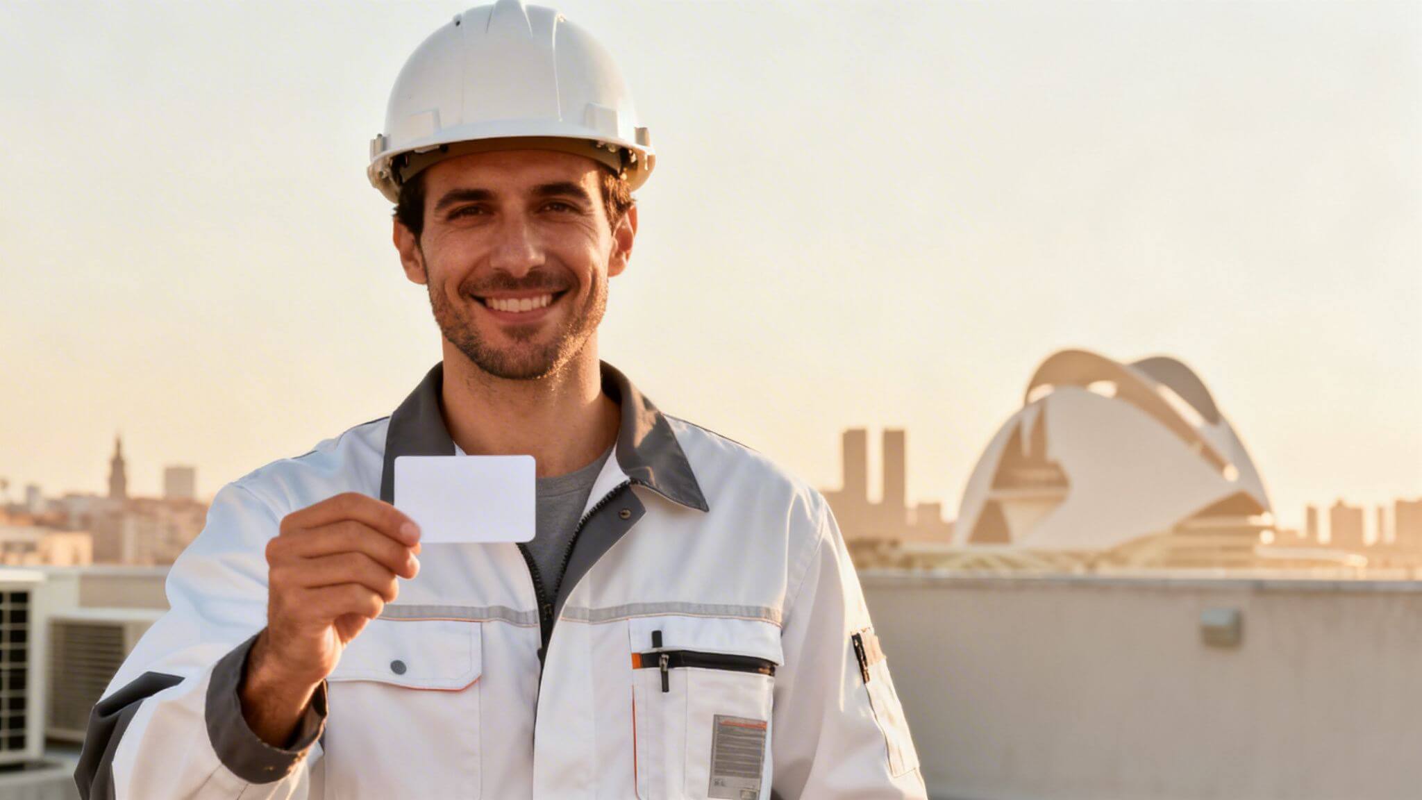 Certificados Energéticos | Precio Carnet RITE en 2026: Tu Guía Completa de Costes Hombre sonriente con casco blanco y uniforme de trabajo mostrando una tarjeta en un tejado con ciudad al atardecer.