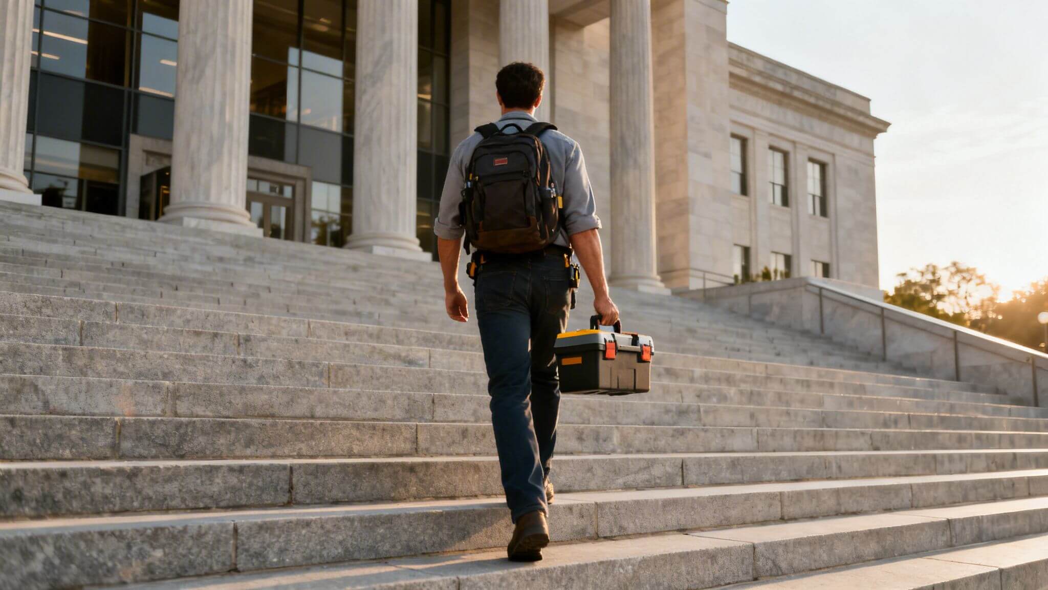 Certificados Energéticos | Precio Carnet RITE en 2026: Tu Guía Completa de Costes Hombre con mochila y caja de herramientas subiendo escaleras de piedra hacia un edificio majestuoso al atardecer.