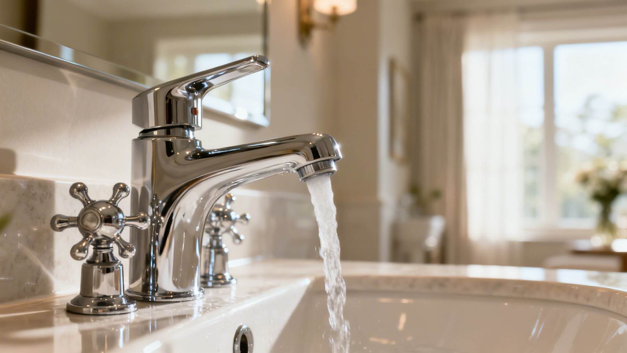 Certificados Energéticos | Vender piso Valencia: Guía rápida para una venta exitosa Primer plano de un grifo moderno de baño de cromo con agua fluyendo sobre un lavabo de mármol