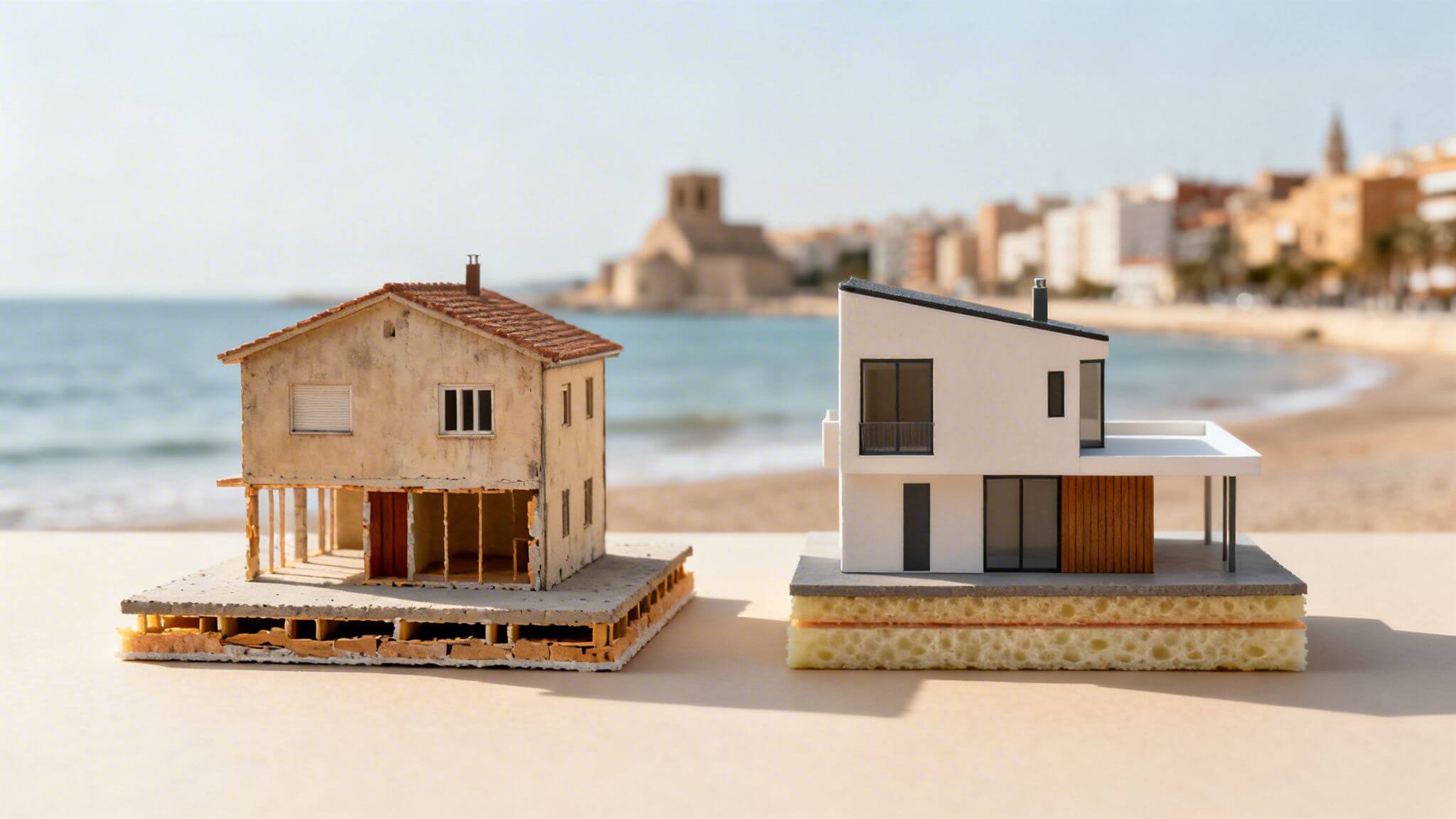 Certificados Energéticos | Aislante térmico suelo: Guía definitiva 2026 Maquetas de dos casas, una con estructura tradicional y otra moderna con aislamiento en el suelo, frente a la playa.