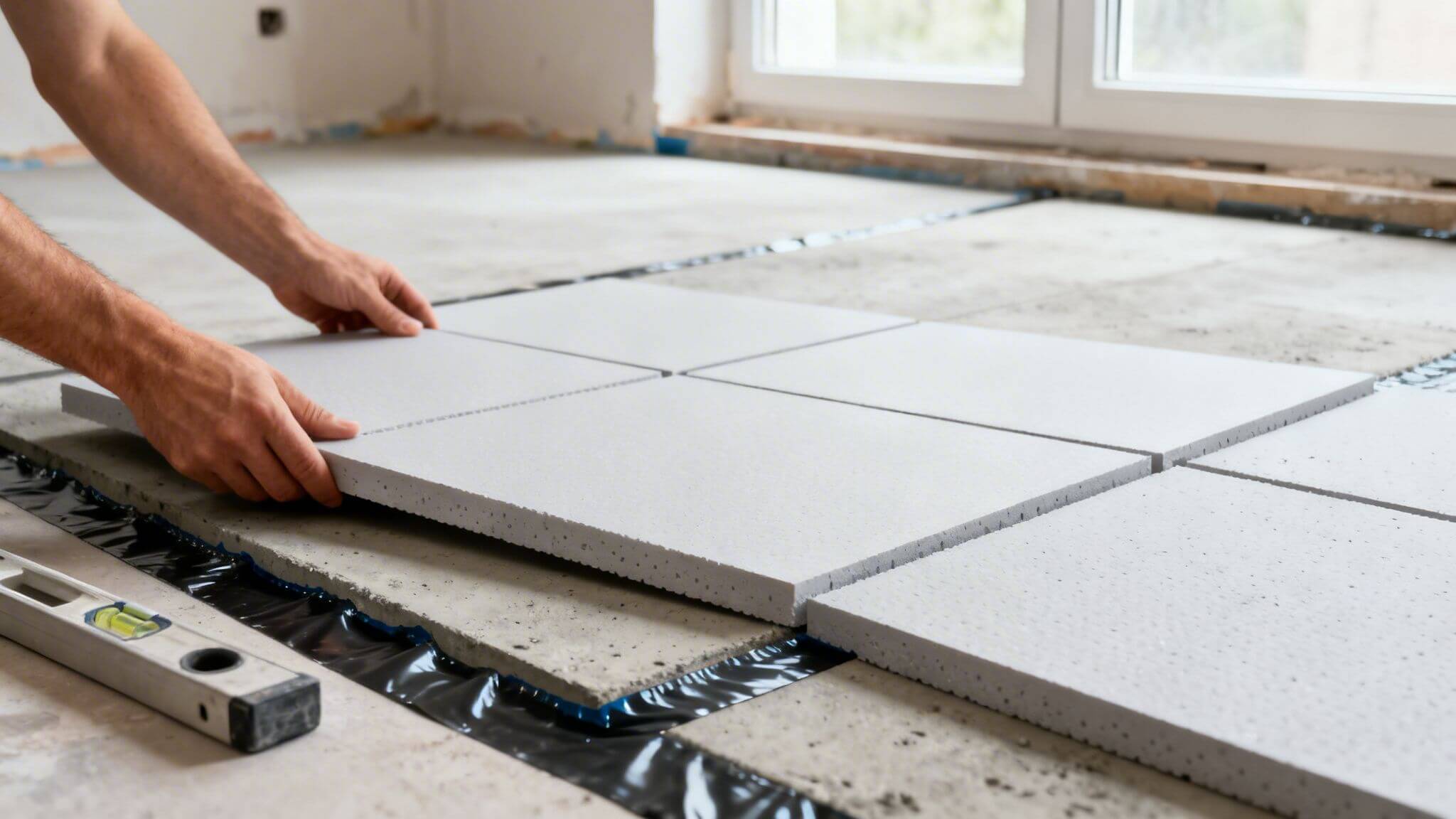 Certificados Energéticos | Aislante térmico suelo: Guía definitiva 2026 Unas manos colocan paneles de aislamiento térmico blanco sobre un suelo de hormigón en renovación.
