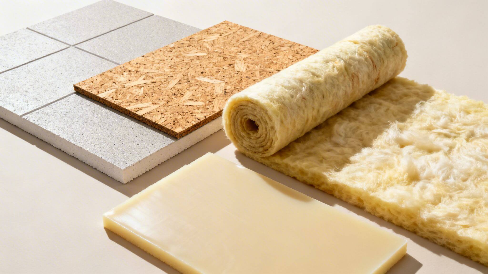 Certificados Energéticos | Aislante térmico suelo: Guía definitiva 2026 Vista aérea de varios materiales aislantes térmicos para construcción, incluyendo lana mineral, OSB y paneles de espuma.