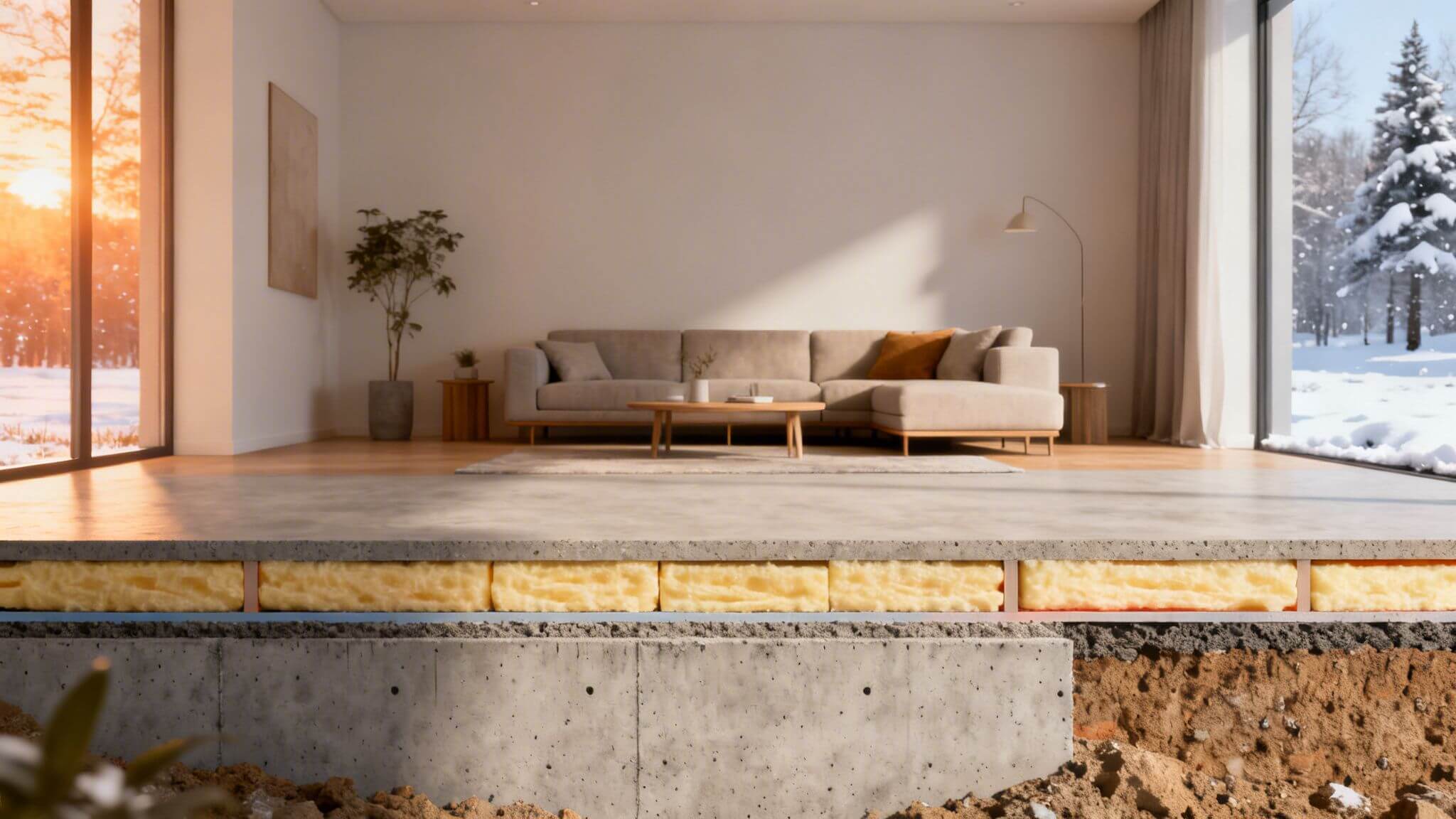 Certificados Energéticos | Aislante térmico suelo: Guía definitiva 2026 Sección del suelo de una vivienda moderna con aislamiento térmico sobre cimiento, mostrando vistas invernales.