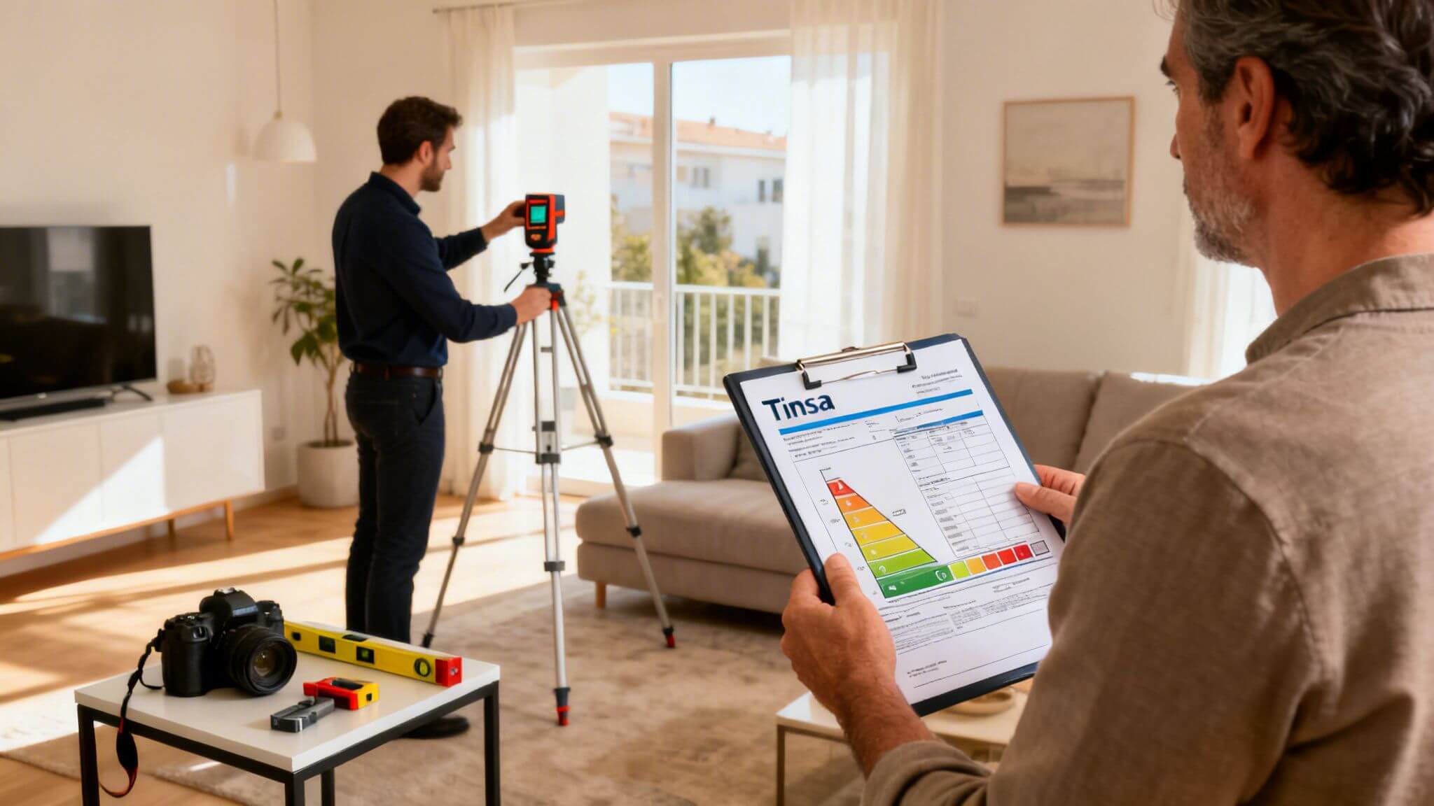 Certificados Energéticos | Precio Tasación Vivienda Tinsa 2026: Guía Experta en Valencia Hombre evalúa certificado energético Tinsa mientras otro usa un nivel láser en un apartamento moderno.
