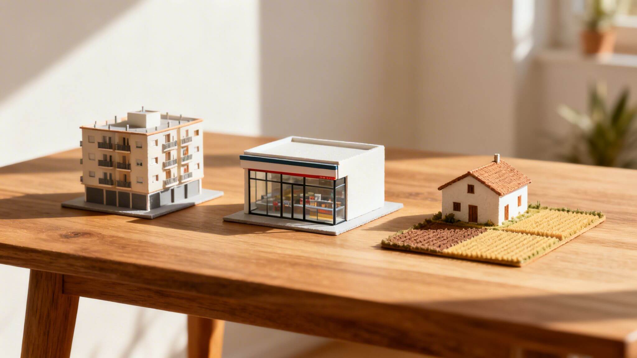 Certificados Energéticos | Descubre que es un Inmueble: Guía clave 2026 Maquetas de distintos tipos de inmuebles: residencial, comercial y unifamiliar.