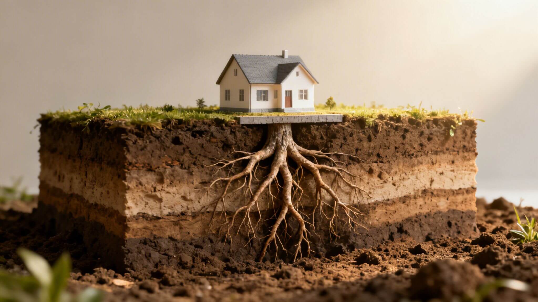 Certificados Energéticos | Descubre que es un Inmueble: Guía clave 2026 Maqueta de un inmueble mostrando sus cimientos sobre el terreno.