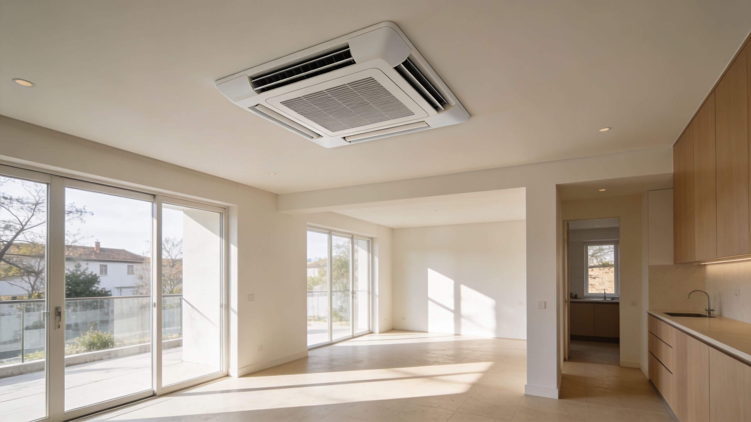 Certificados Energéticos | Recuperador de Aire: Eficiencia Energética Valencia Interior de una sala de estar moderna y luminosa con aire acondicionado instalado en el techo.