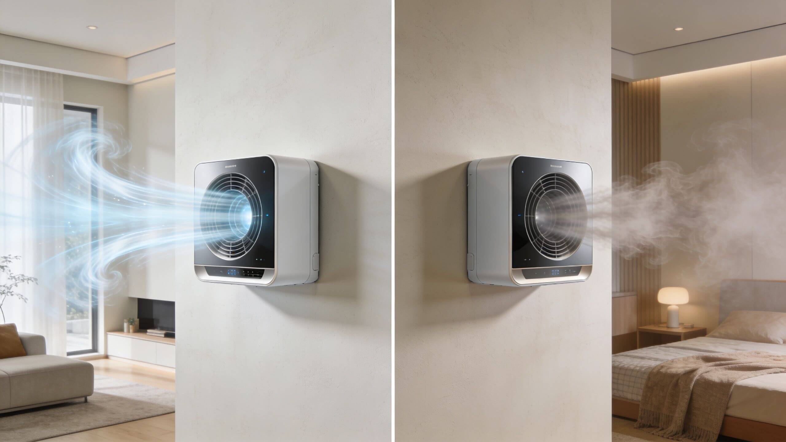 Certificados Energéticos | Recuperador de Aire: Eficiencia Energética Valencia Un recuperador de calor montado en la pared mostrando flujo de aire en una sala y dormitorio.