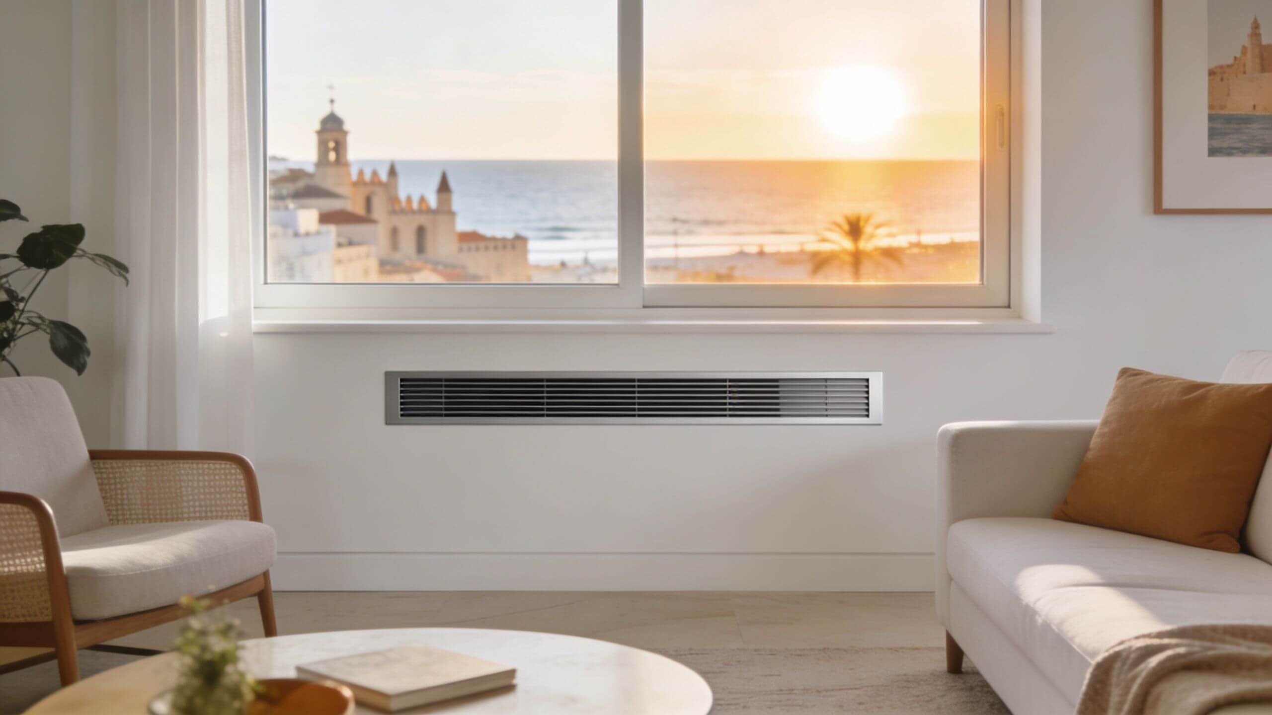Certificados Energéticos | Recuperador de Aire: Eficiencia Energética Valencia Sistema de ventilación o recuperador de aire instalado debajo de una ventana panorámica frente al mar.