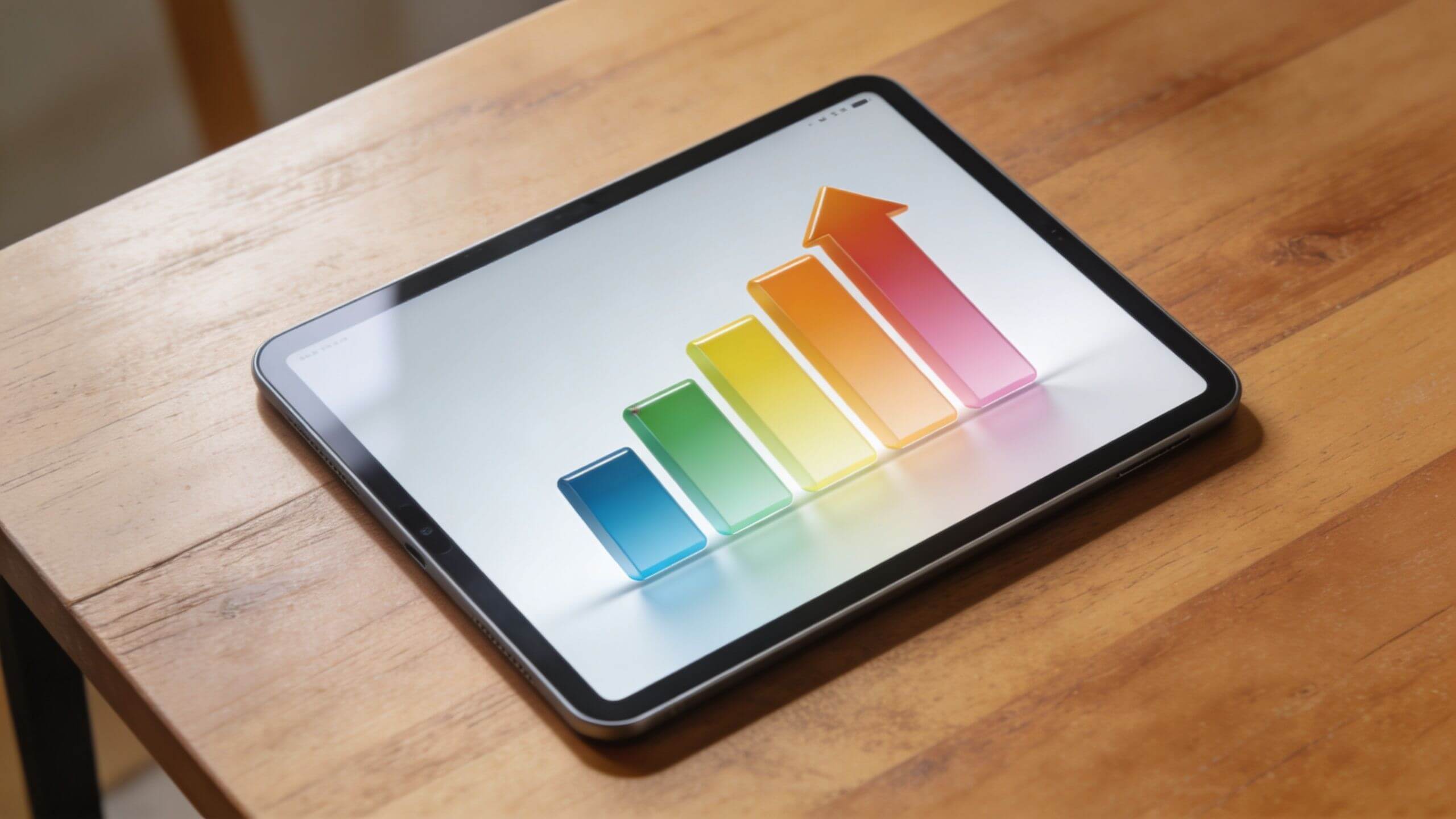 Certificados Energéticos | Recuperador de Aire: Eficiencia Energética Valencia Una tableta electrónica sobre una mesa de madera muestra un gráfico de barras colorido que indica crecimiento.