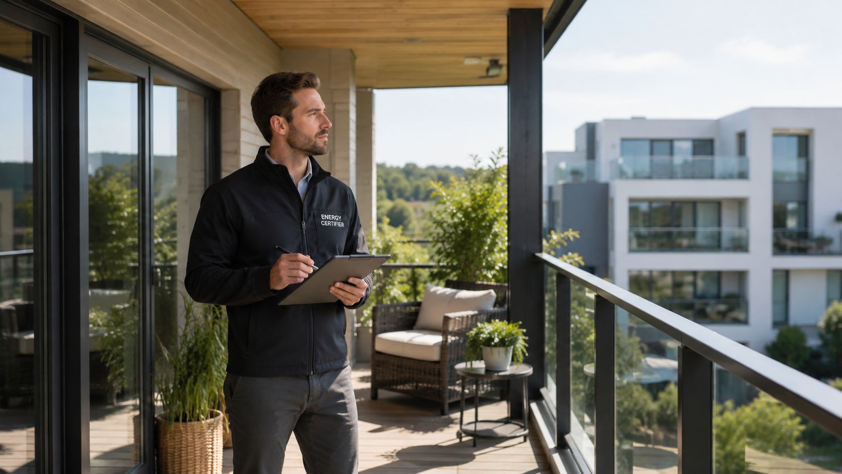 Certificados Energéticos | Balcon y terraza: CEE en Valencia, Guía 2026 Un hombre profesional con uniforme de certificador energético revisa un documento en una terraza moderna y luminosa.
