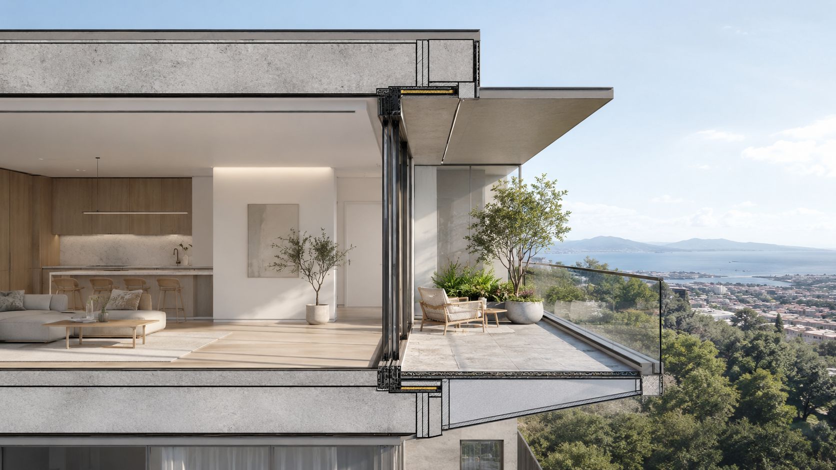 Certificados Energéticos | Balcon y terraza: CEE en Valencia, Guía 2026 Vista en corte transversal de un lujoso apartamento moderno con balcón y terraza frente al mar.