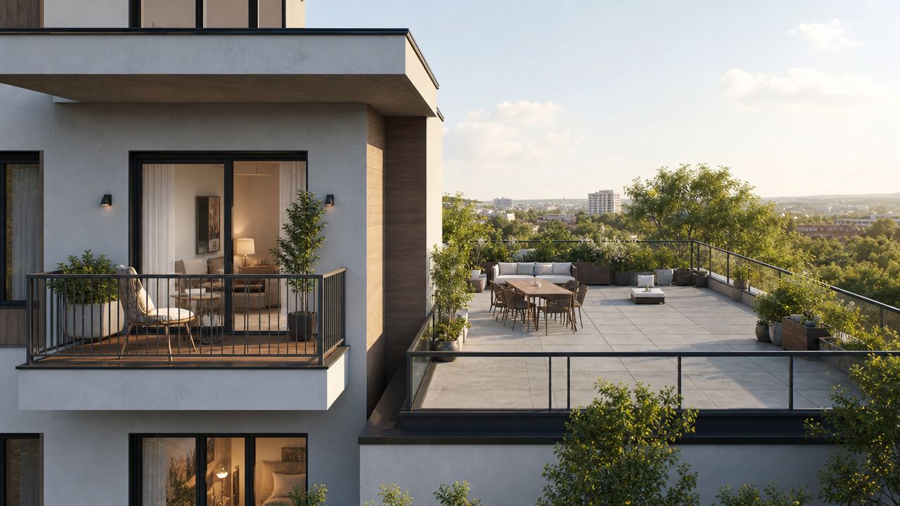 Certificados Energéticos | Balcon y terraza: CEE en Valencia, Guía 2026 Vista exterior de un edificio moderno con un balcón privado y una amplia terraza decorada con plantas