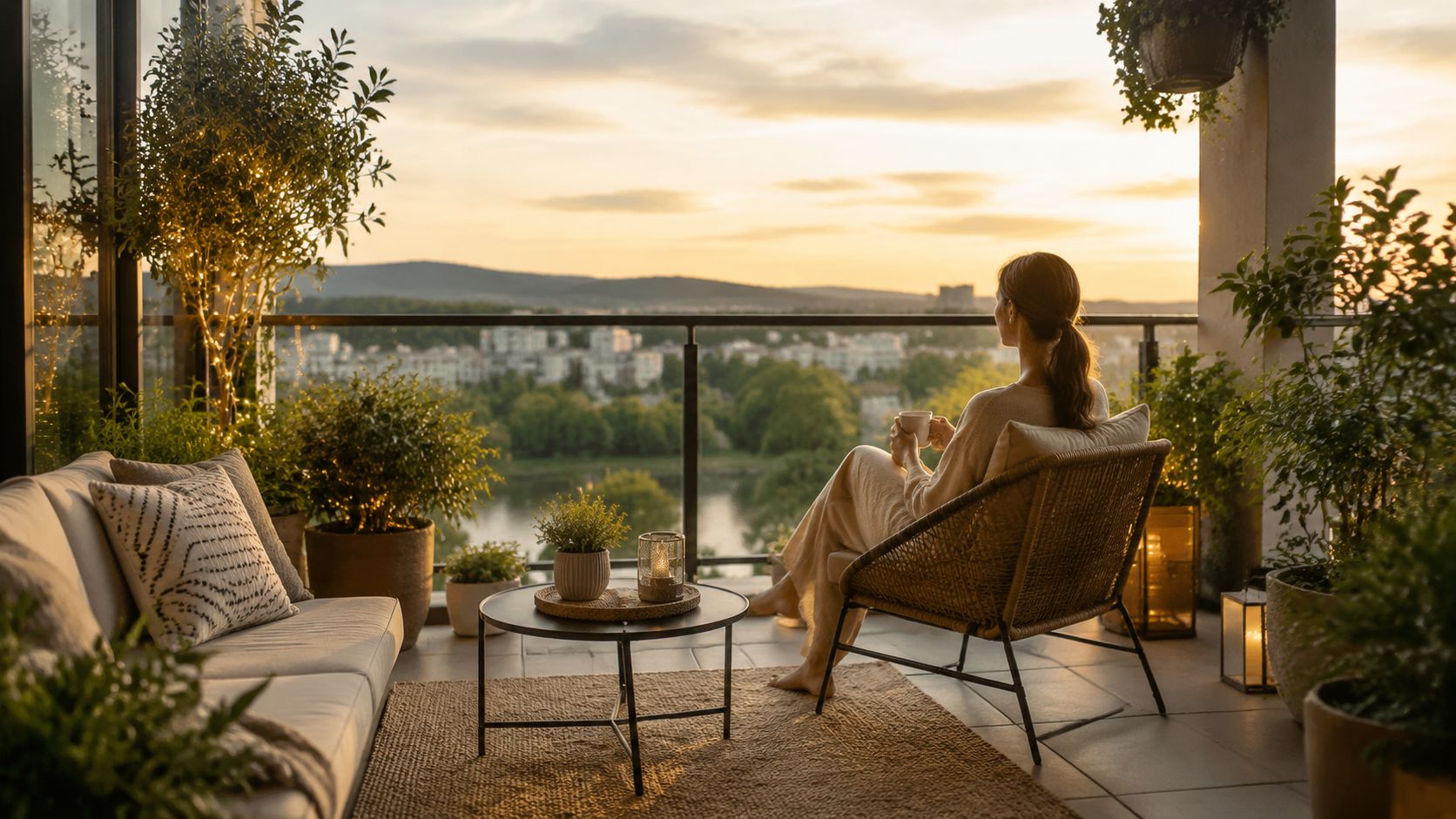 Certificados Energéticos | Balcon y terraza: CEE en Valencia, Guía 2026 Una mujer sentada en una silla de ratán en un balcón acogedor mirando el atardecer sobre la ciudad