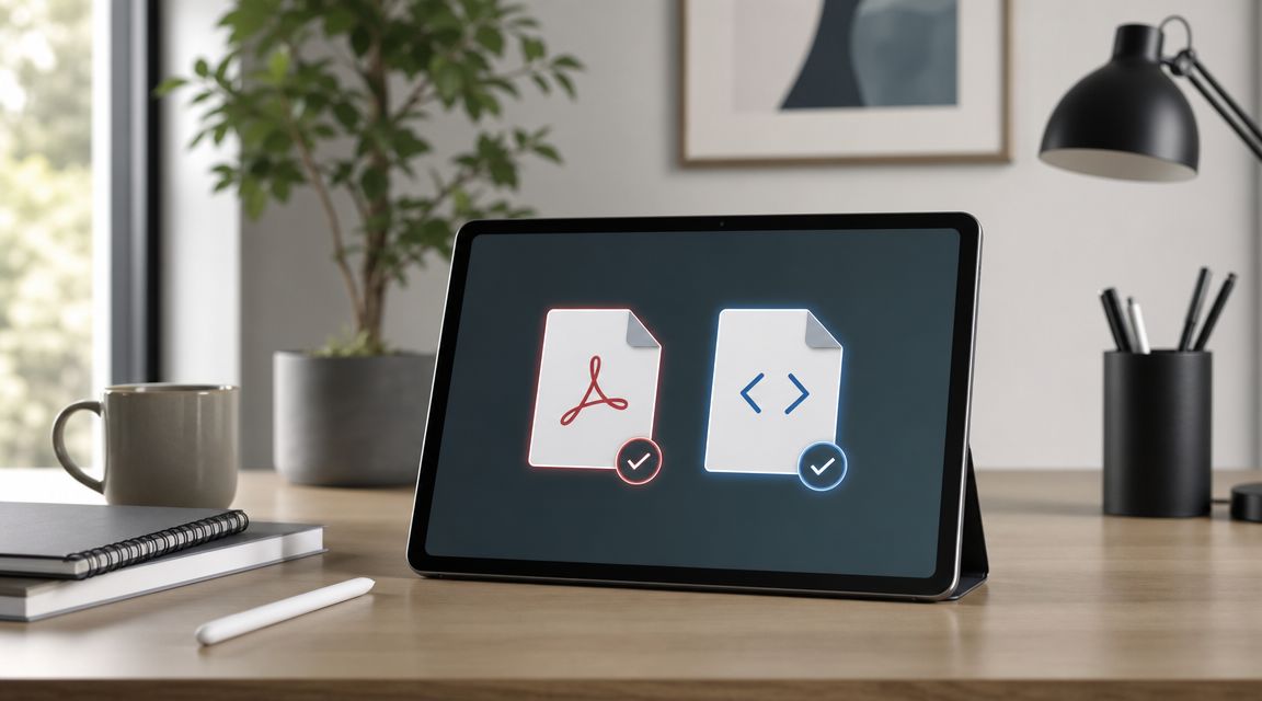 Certificados Energéticos | Registro Certificado Energético Baleares Una tableta sobre un escritorio de madera mostrando iconos de documentos PDF y código con marcas de verificación.