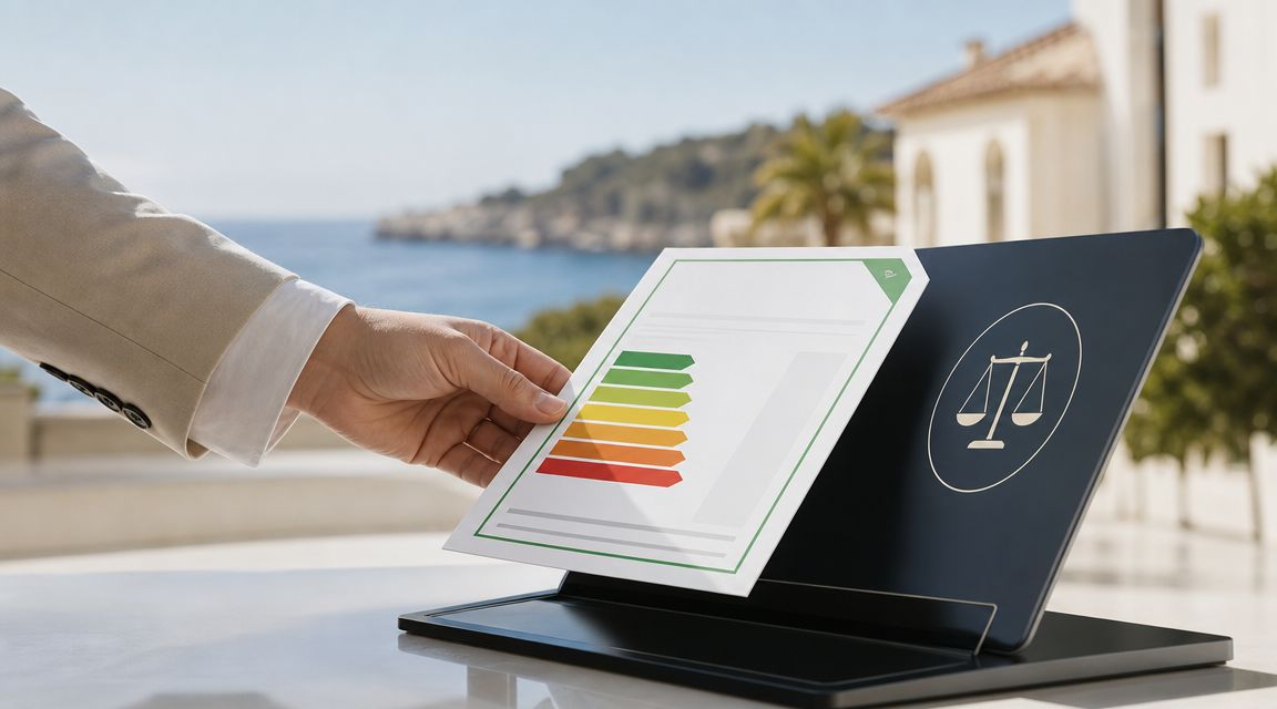Certificados Energéticos | Registro Certificado Energético Baleares Una mano de hombre con traje sostiene un certificado de eficiencia energética junto a una balanza legal.