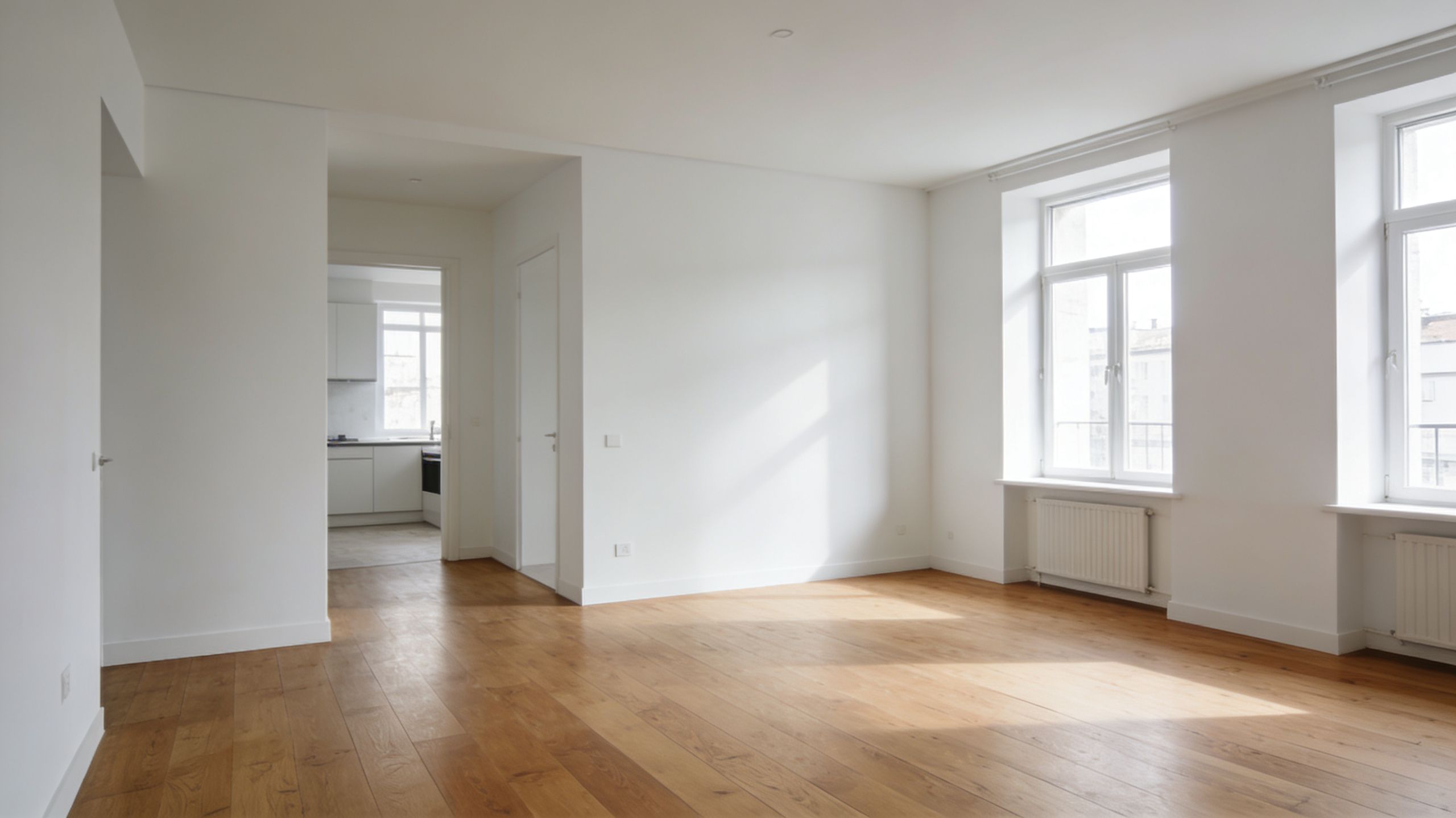 Certificados Energéticos | Qué es la superficie construida y util y cómo se mide Una espaciosa habitación vacía con paredes blancas, pisos de madera clara y dos ventanas grandes que iluminan todo.