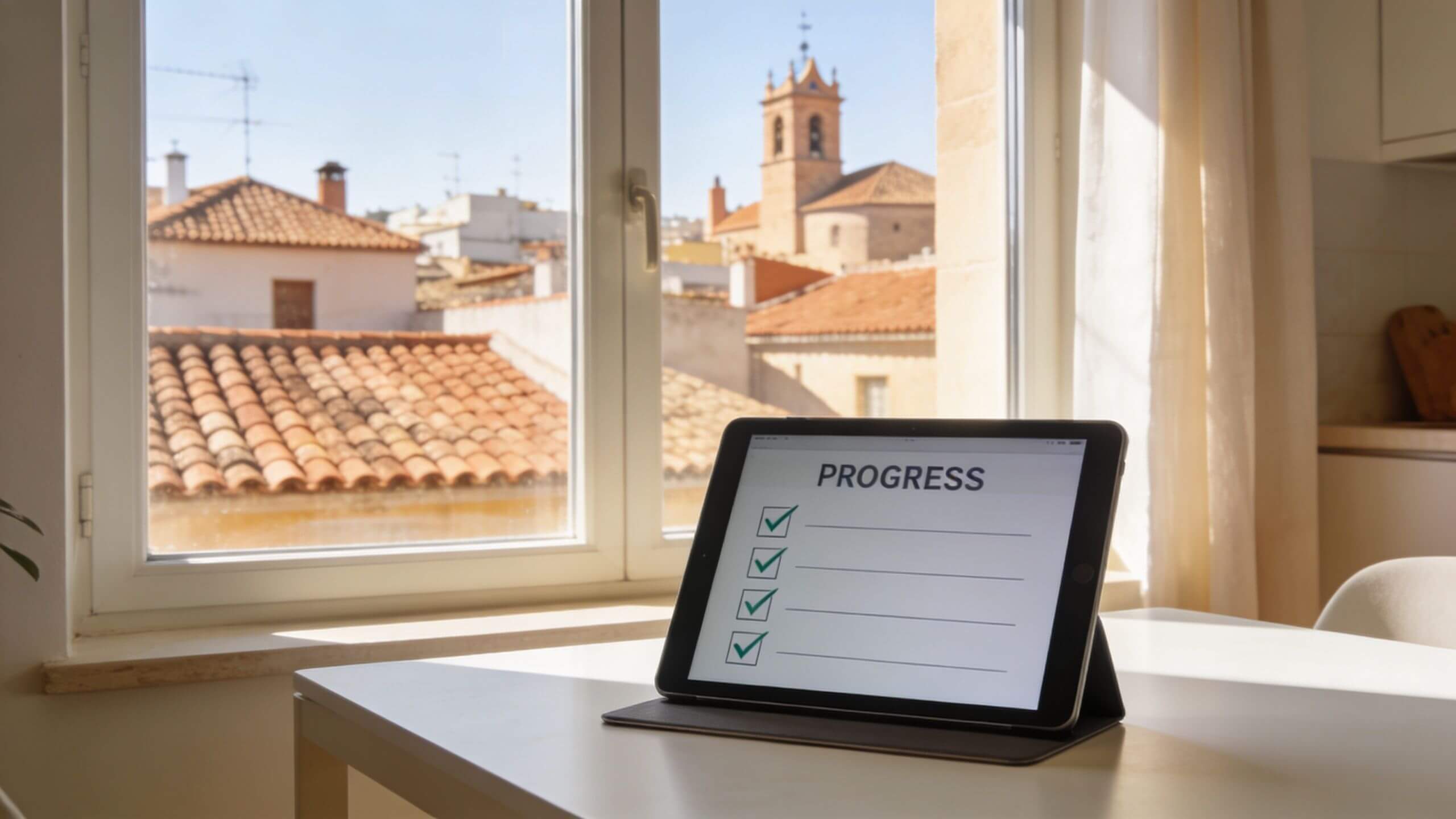 Certificados Energéticos | Superficie construida y util: Guía clave en Valencia 2026 Una tableta electrónica sobre una mesa muestra una lista de verificación con progreso completado frente a una ventana.