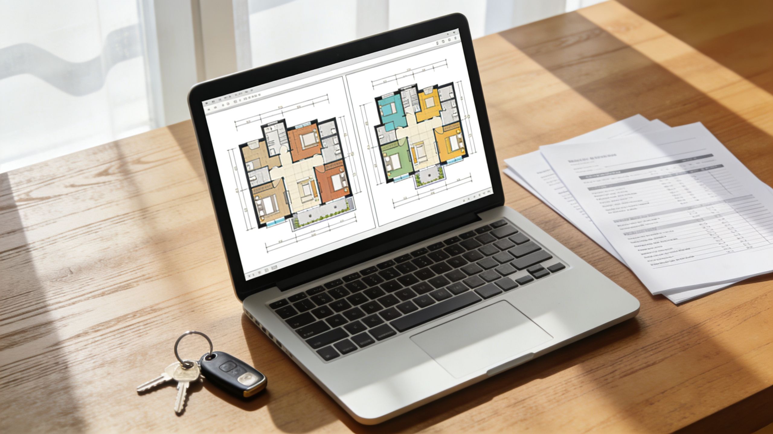 Certificados Energéticos | Qué es la superficie construida y util y cómo se mide Una computadora portátil mostrando planos de casas sobre una mesa de madera con llaves y documentos.