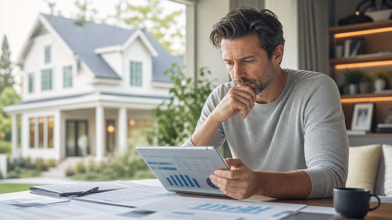 Certificados Energéticos | Se puede escriturar sin Cédula de Habitabilidad Un hombre analizando documentos financieros y una tablet frente a una casa en un entorno residencial.