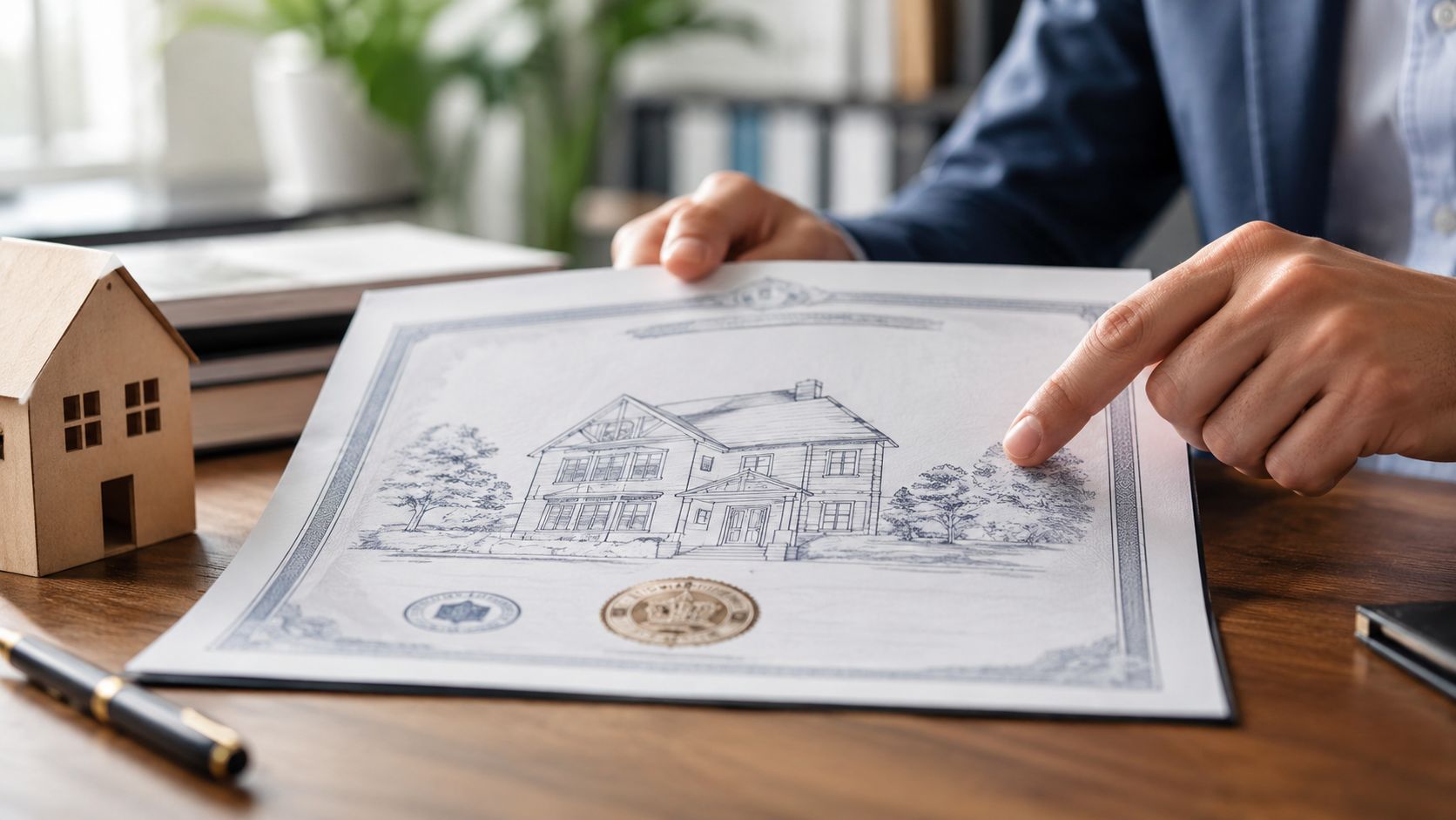 Certificados Energéticos | Se puede escriturar sin Cédula de Habitabilidad Un asesor inmobiliario señala el plano de una casa en un documento oficial sobre una mesa.