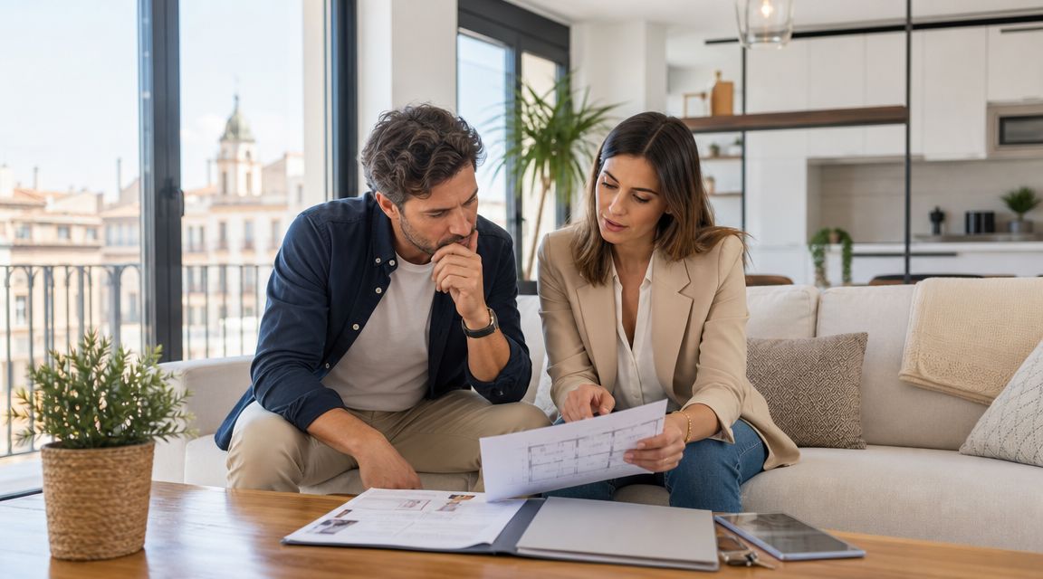 Certificados Energéticos | Se puede escriturar sin Cédula de Habitabilidad Una pareja revisa planos arquitectónicos de una nueva vivienda sentados en un sofá junto a la ventana.