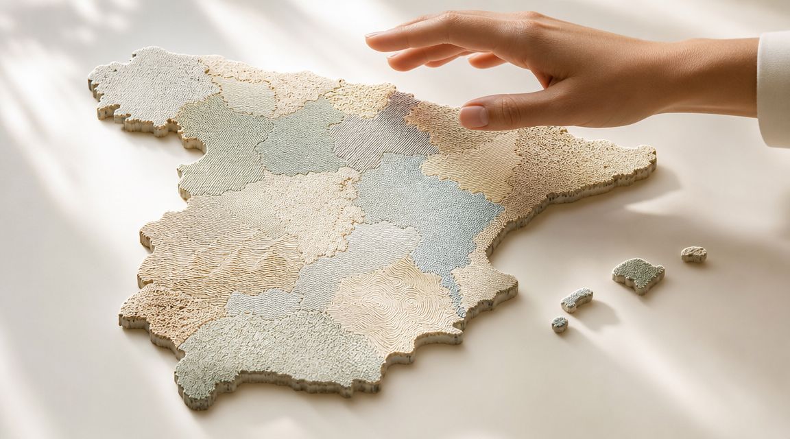 Certificados Energéticos | Se puede escriturar sin Cédula de Habitabilidad Una mano interactúa con un mapa de piezas texturizadas que representa la geografía de España sobre mesa.