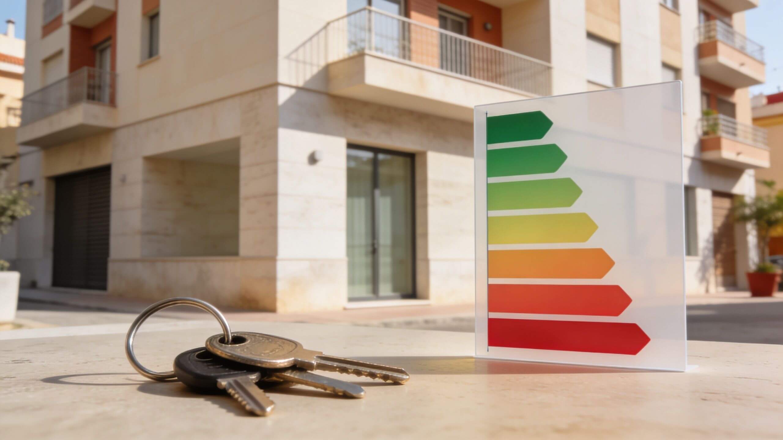 Certificados Energéticos | Guía del Contrato de Arras confirmatorias en Valencia 2026 Unas llaves sobre una mesa frente a un edificio con una etiqueta de certificación energética eficiente.