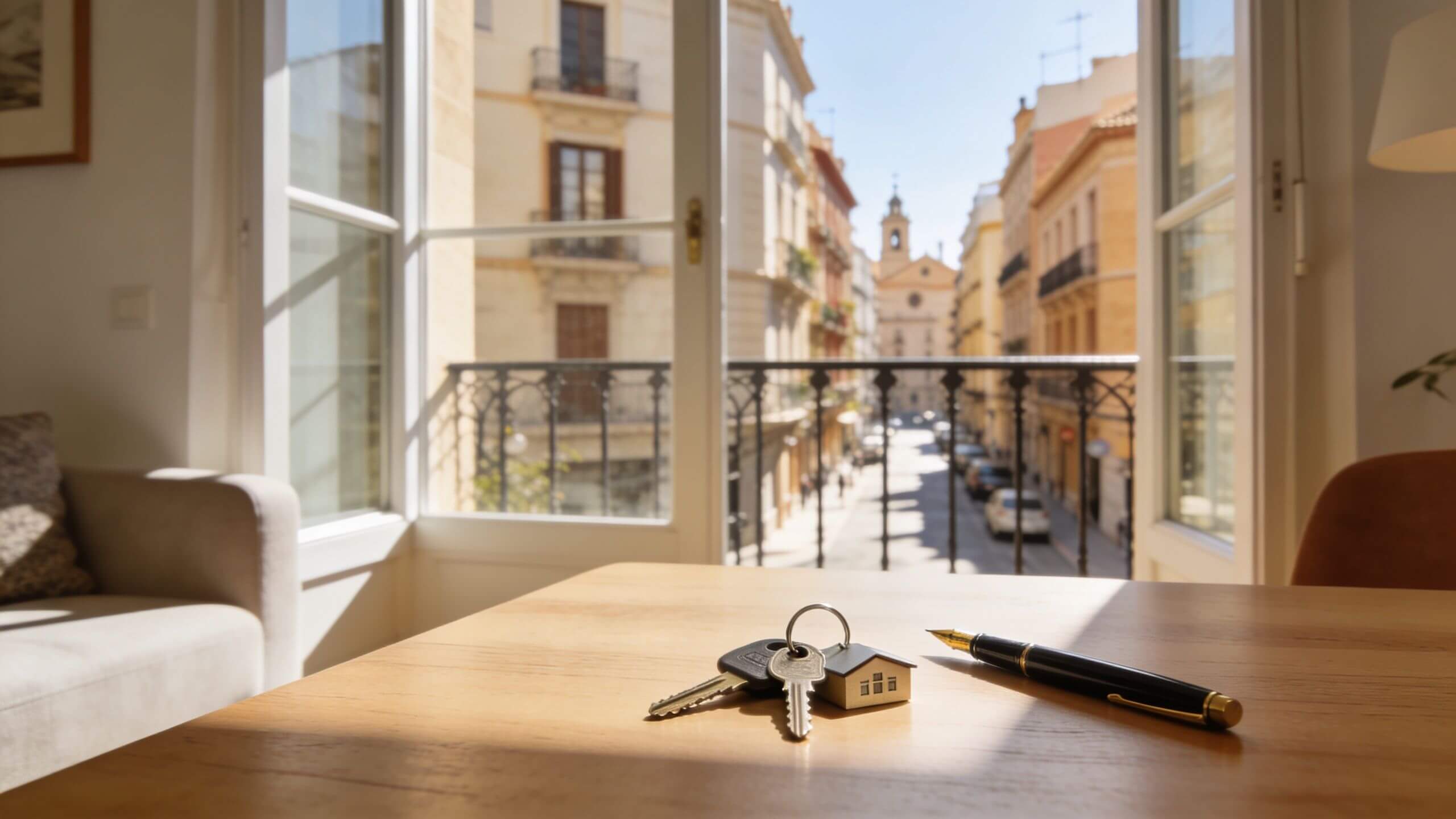Certificados Energéticos | Guía del Contrato de Arras confirmatorias en Valencia 2026 Llaves con llavero de casa y un bolígrafo sobre una mesa frente a un balcón con vistas.